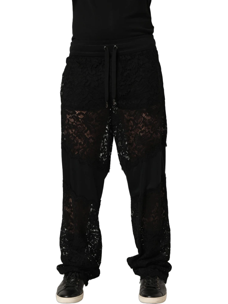 Black Lace Mid Waist Jogger Men Trouser Pants