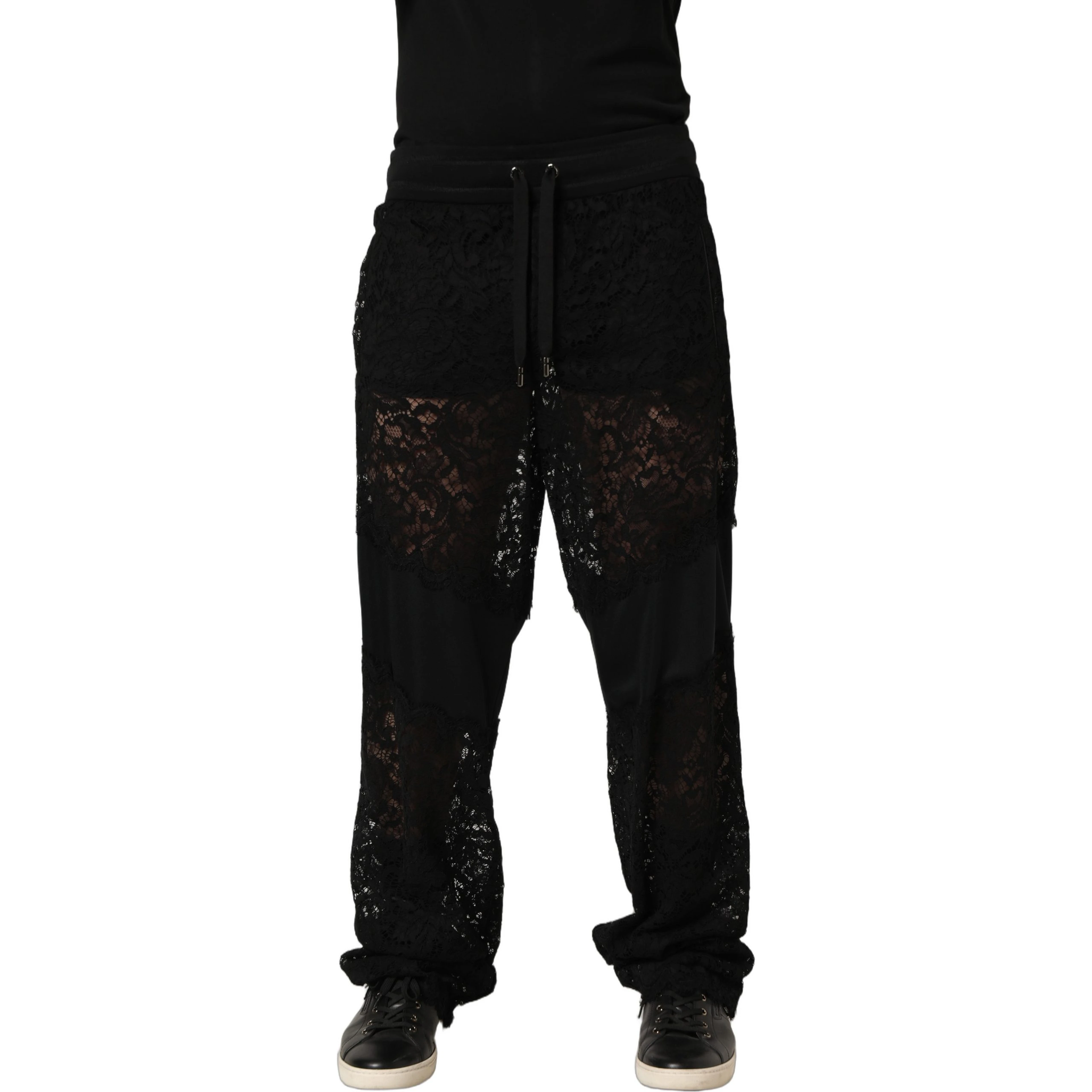 Black Lace Mid Waist Jogger Men Trouser Pants