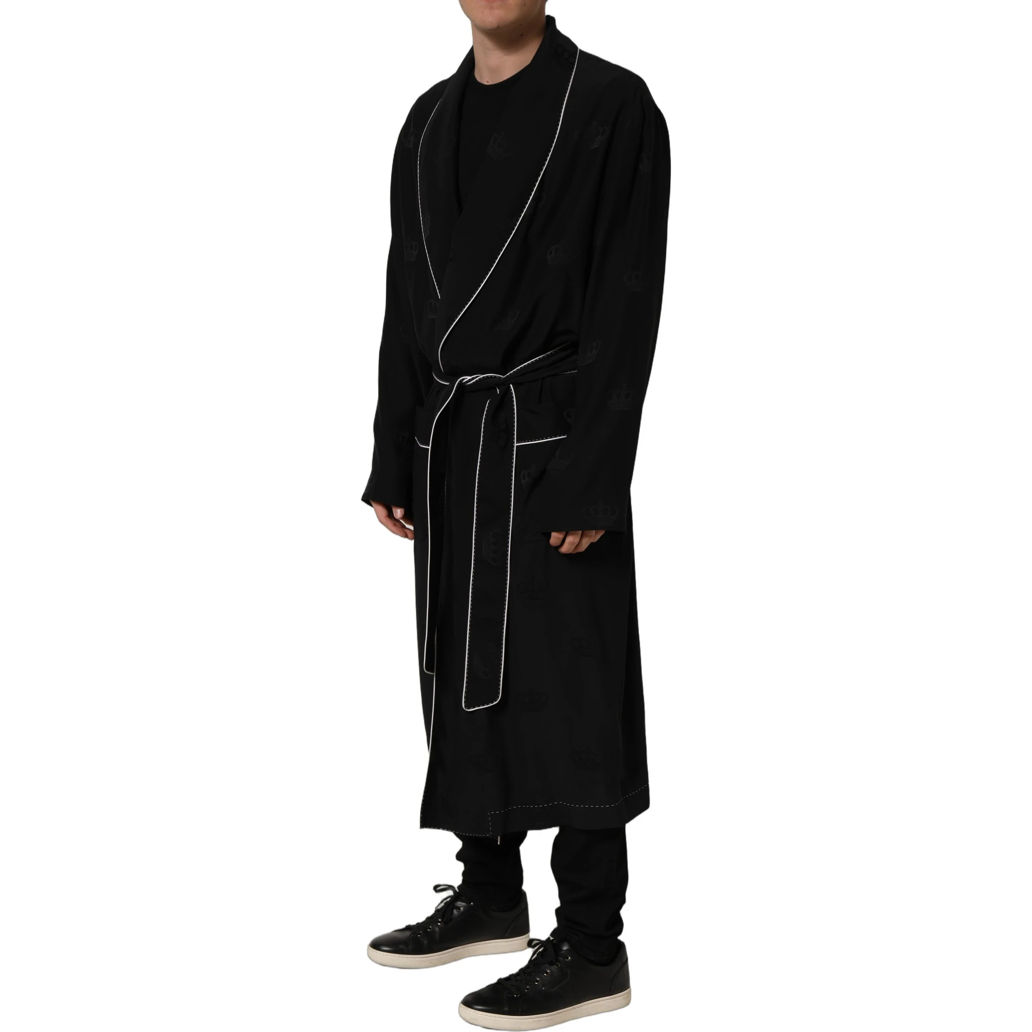 Black 100% Silk Robe Men Wrap Coat Jacket