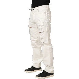 White Cotton Distressed Straight Denim Jeans