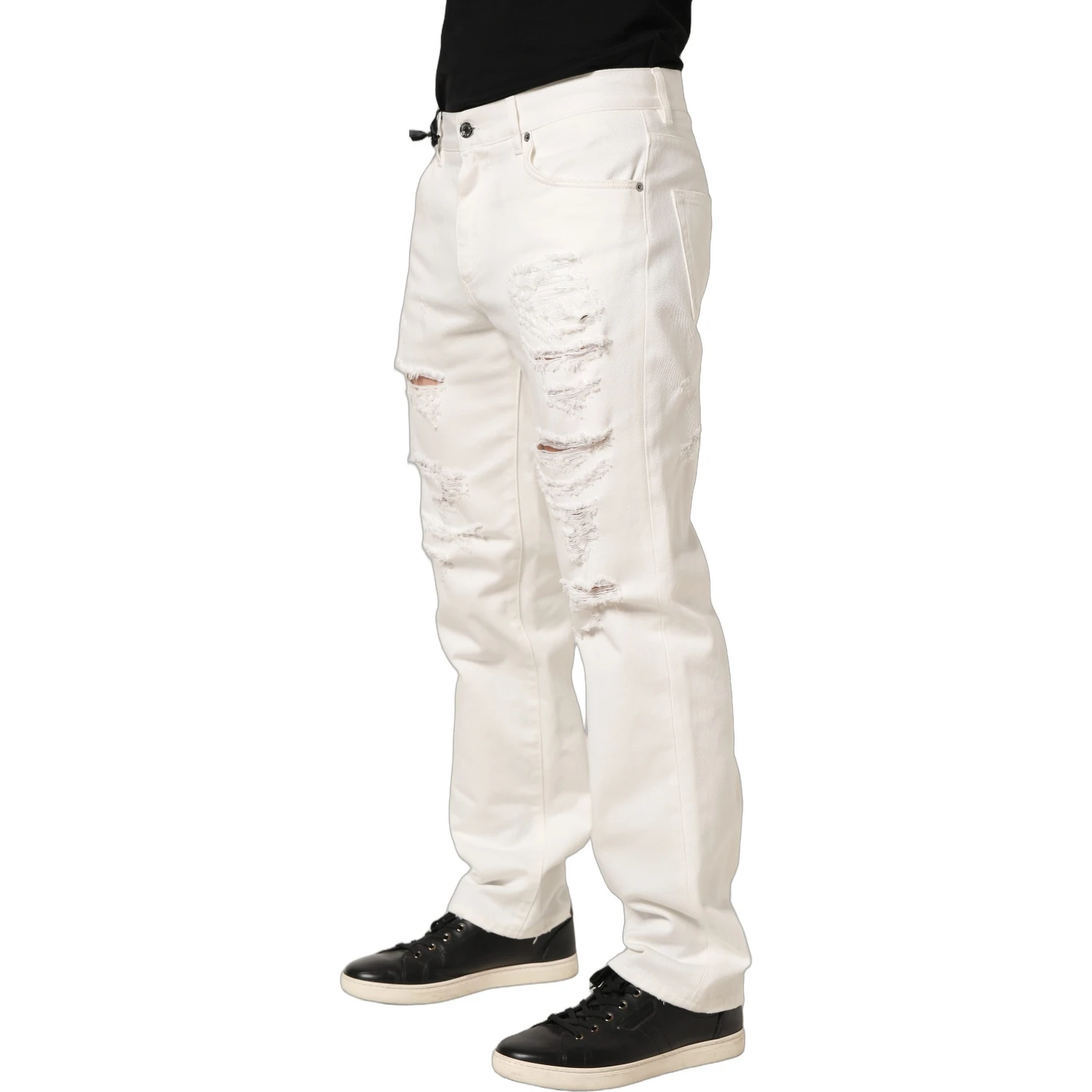 White Cotton Distressed Straight Denim Jeans