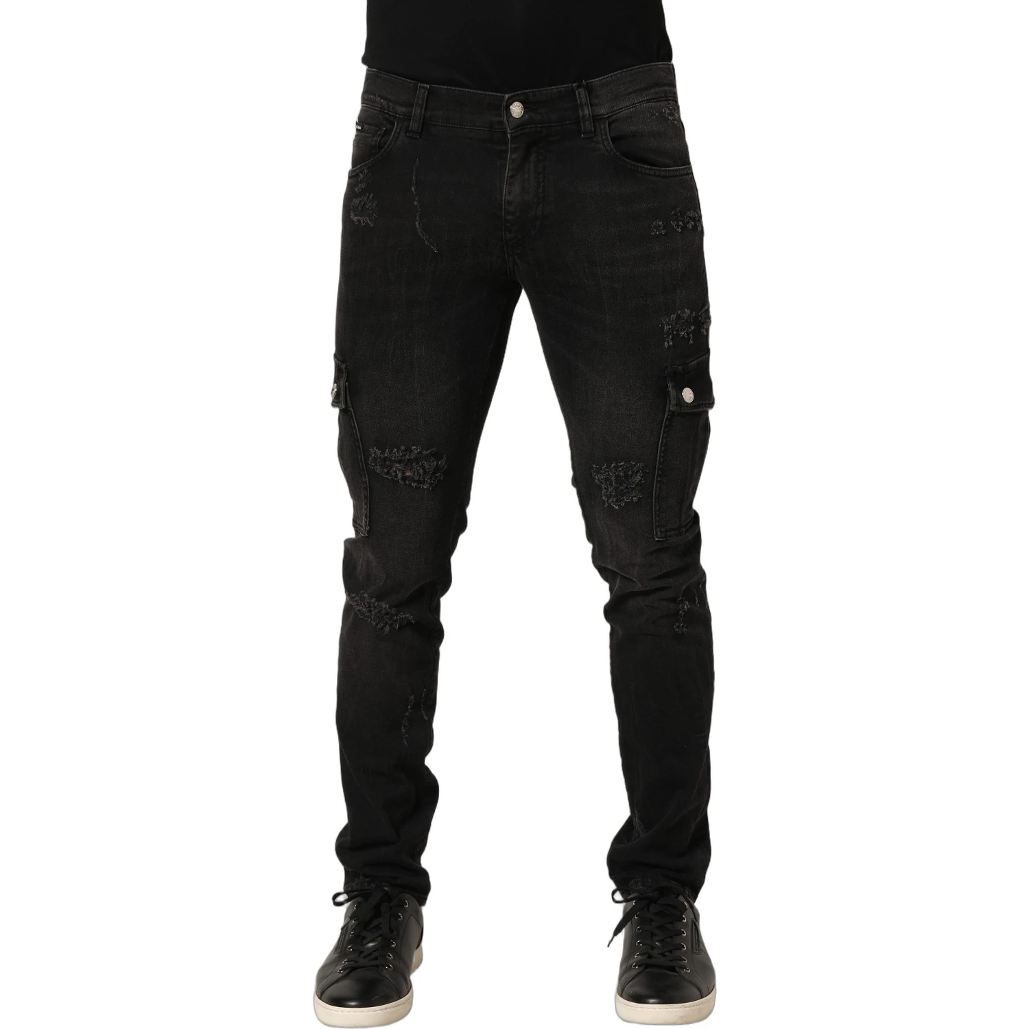 Black Distressed Cargo Cotton Men Denim Jeans