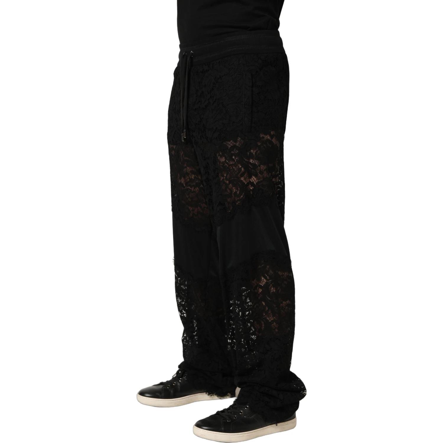 Black Lace Mid Waist Jogger Men Trouser Pants