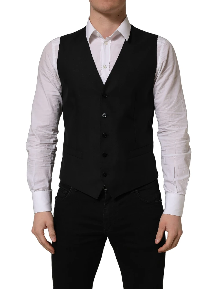 Black Wool Single Breasted Waistcoat Vest