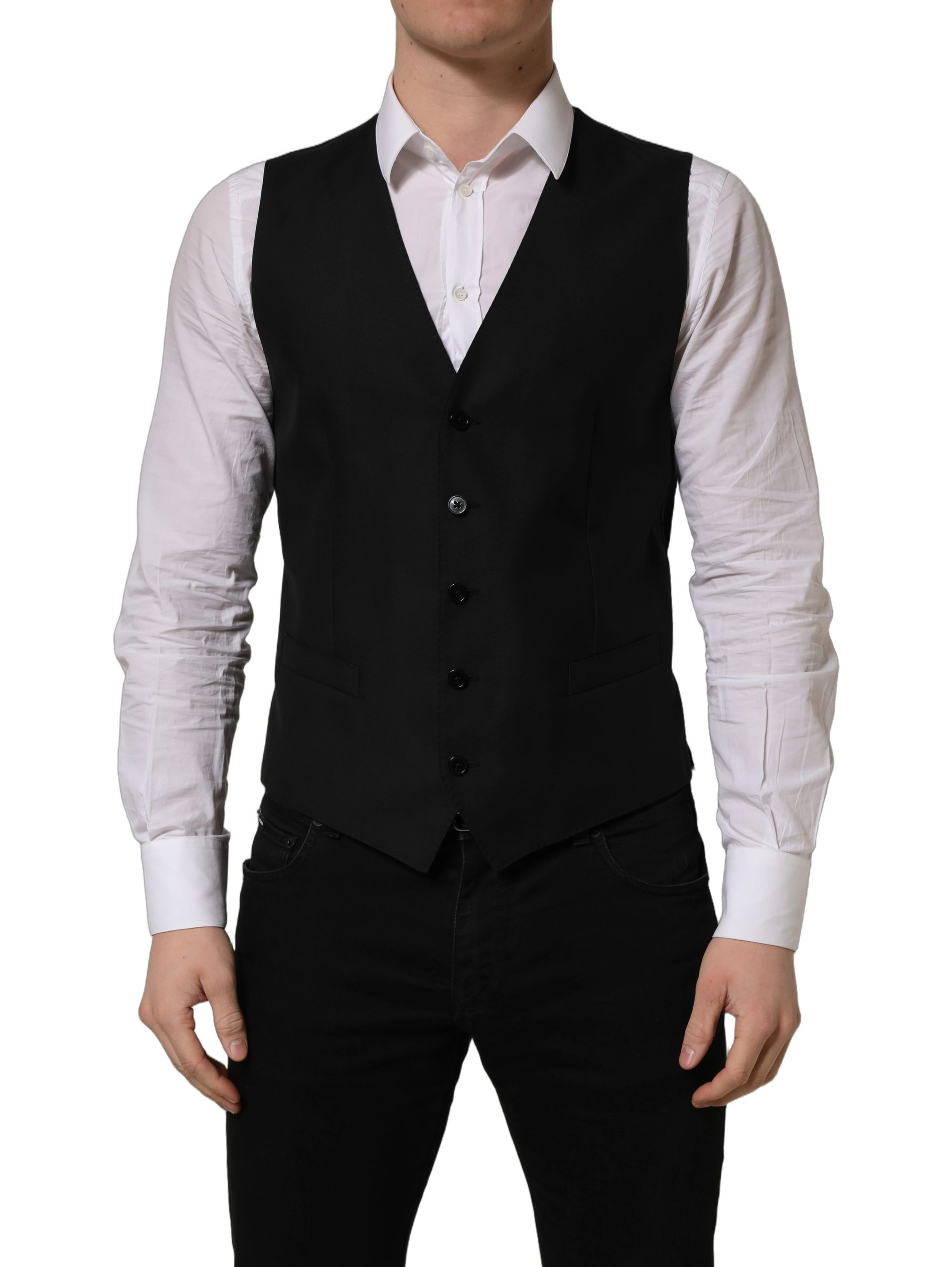 Black Wool Single Breasted Waistcoat Vest