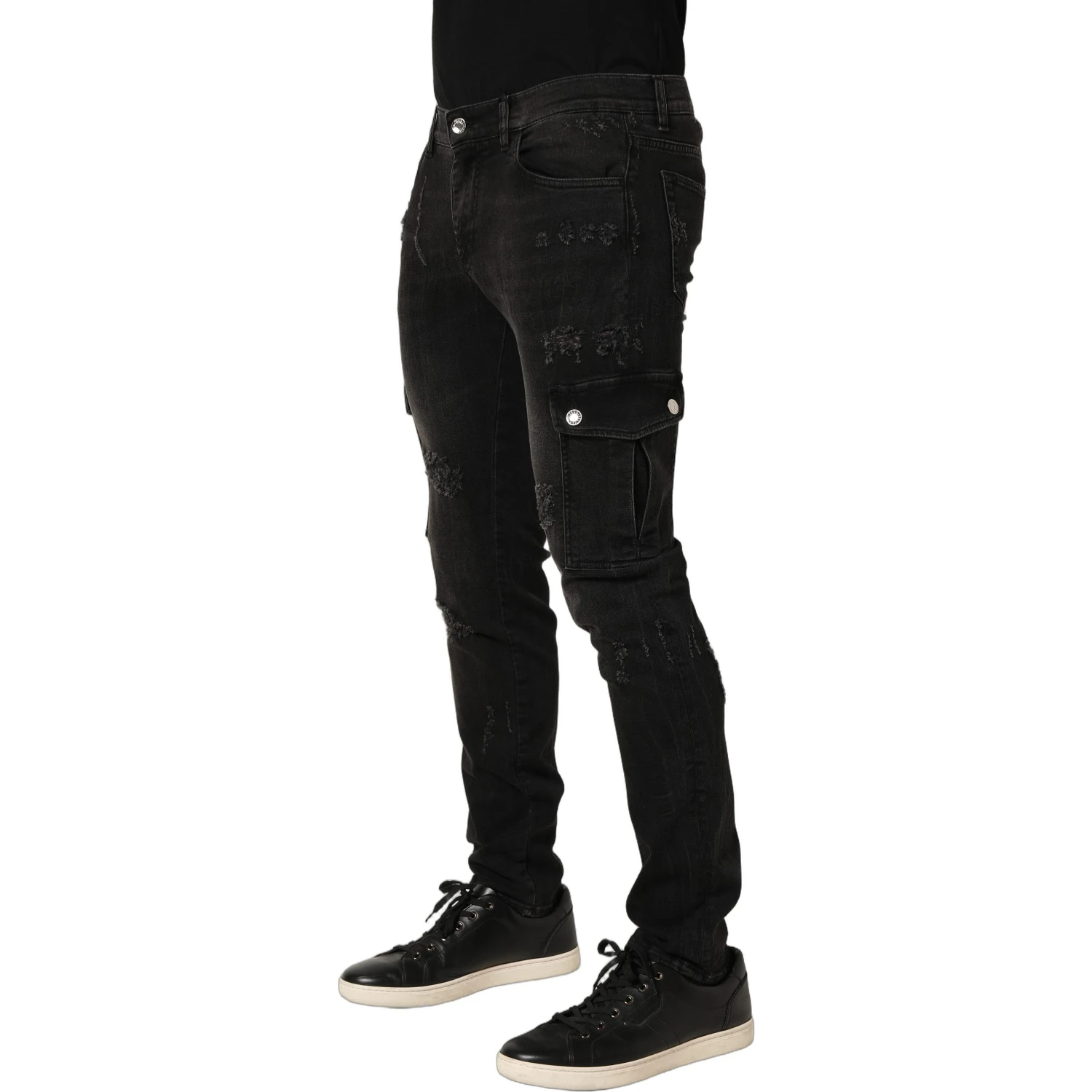 Black Distressed Cargo Cotton Men Denim Jeans
