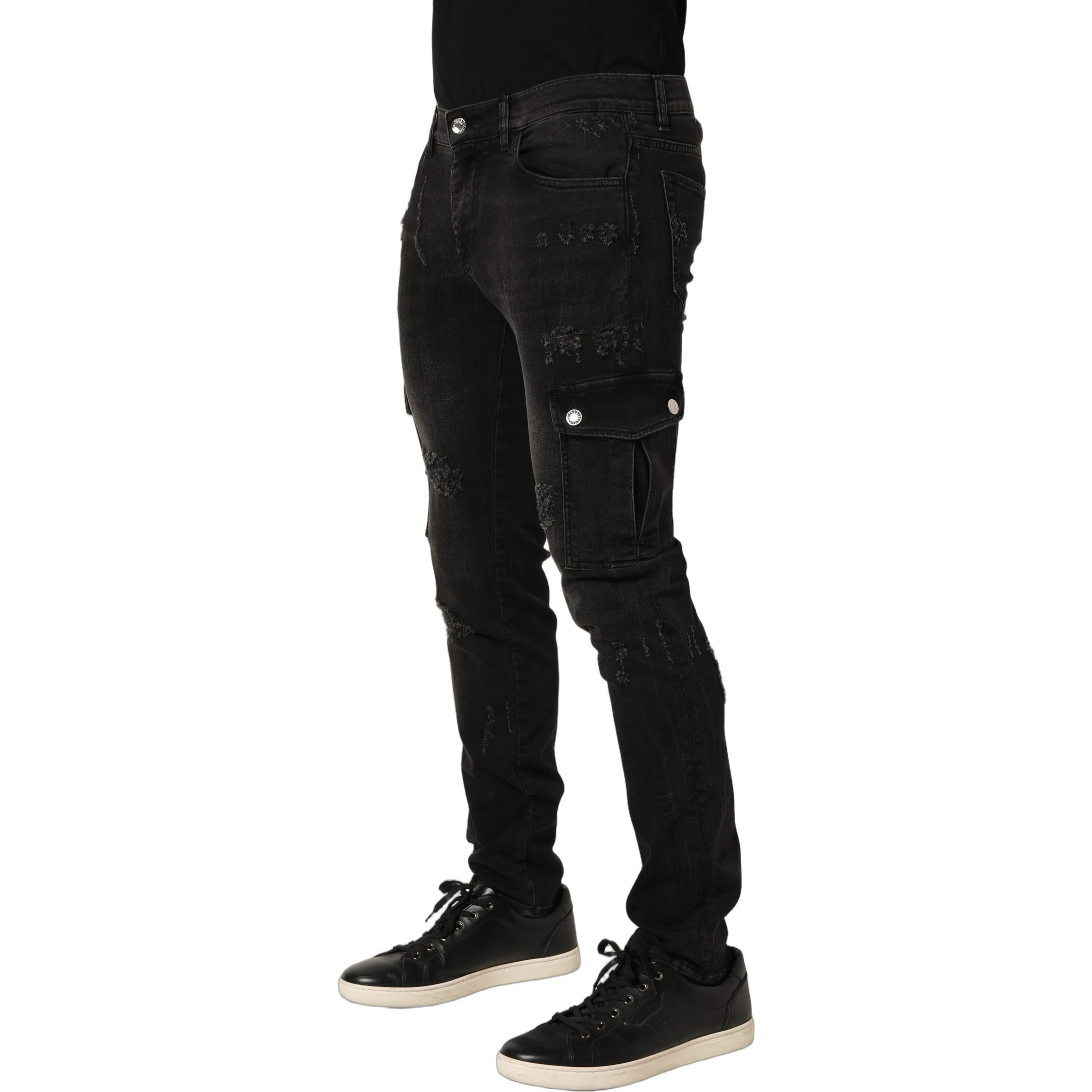 Black Distressed Cargo Cotton Men Denim Jeans
