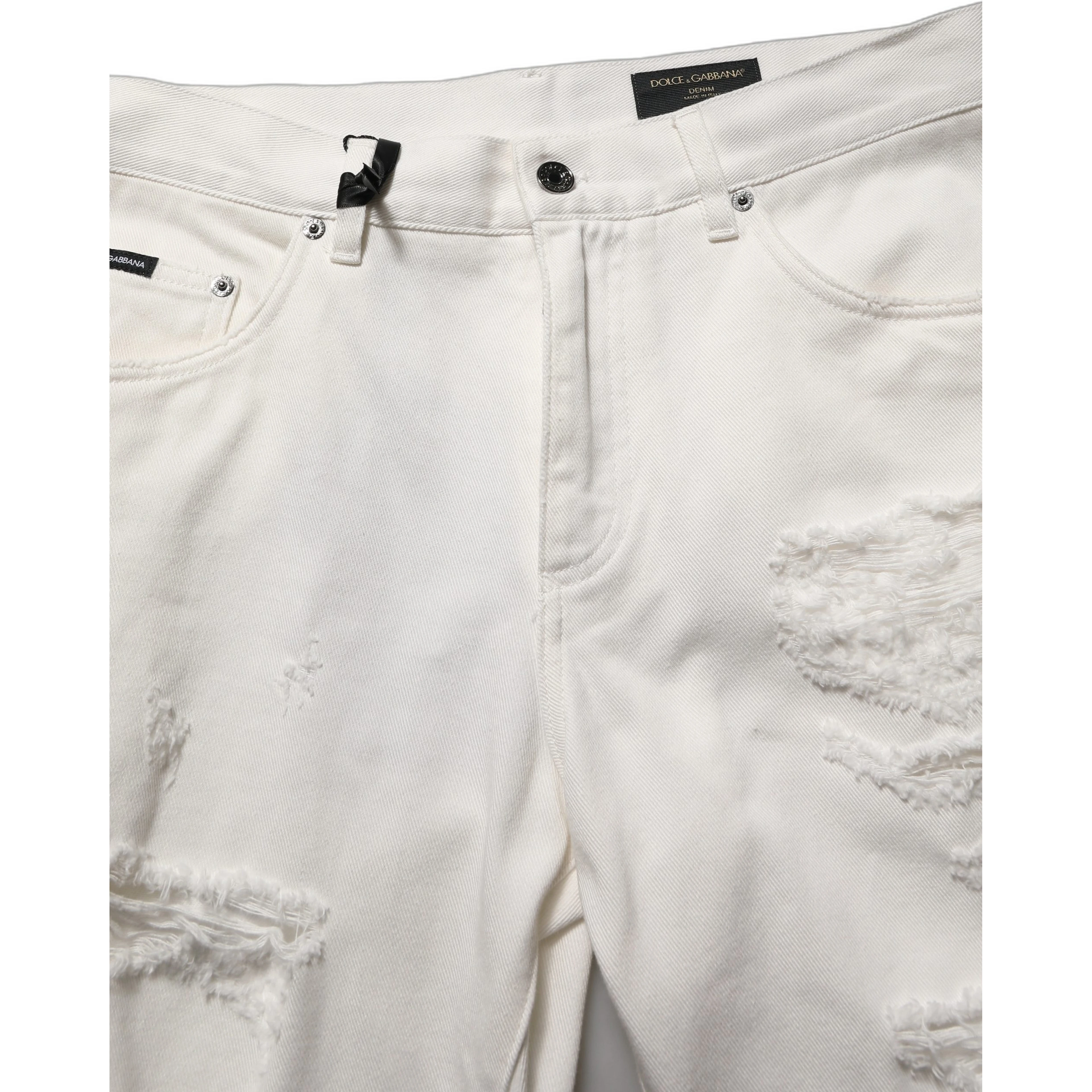 White Cotton Distressed Straight Denim Jeans