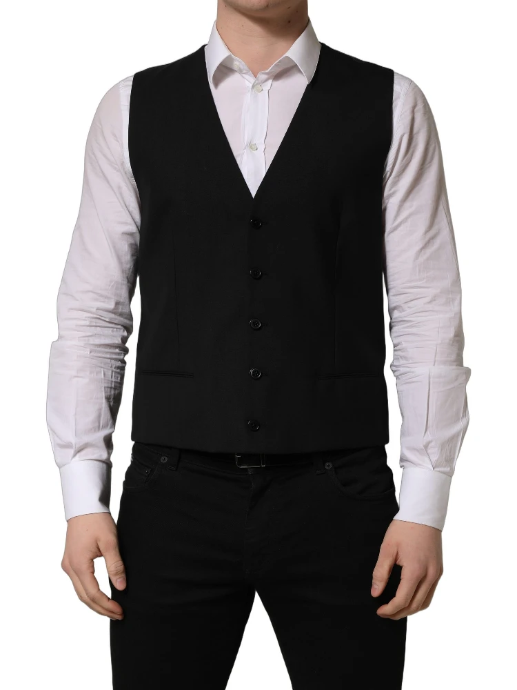 Black Wool Single Breasted Waistcoat Vest