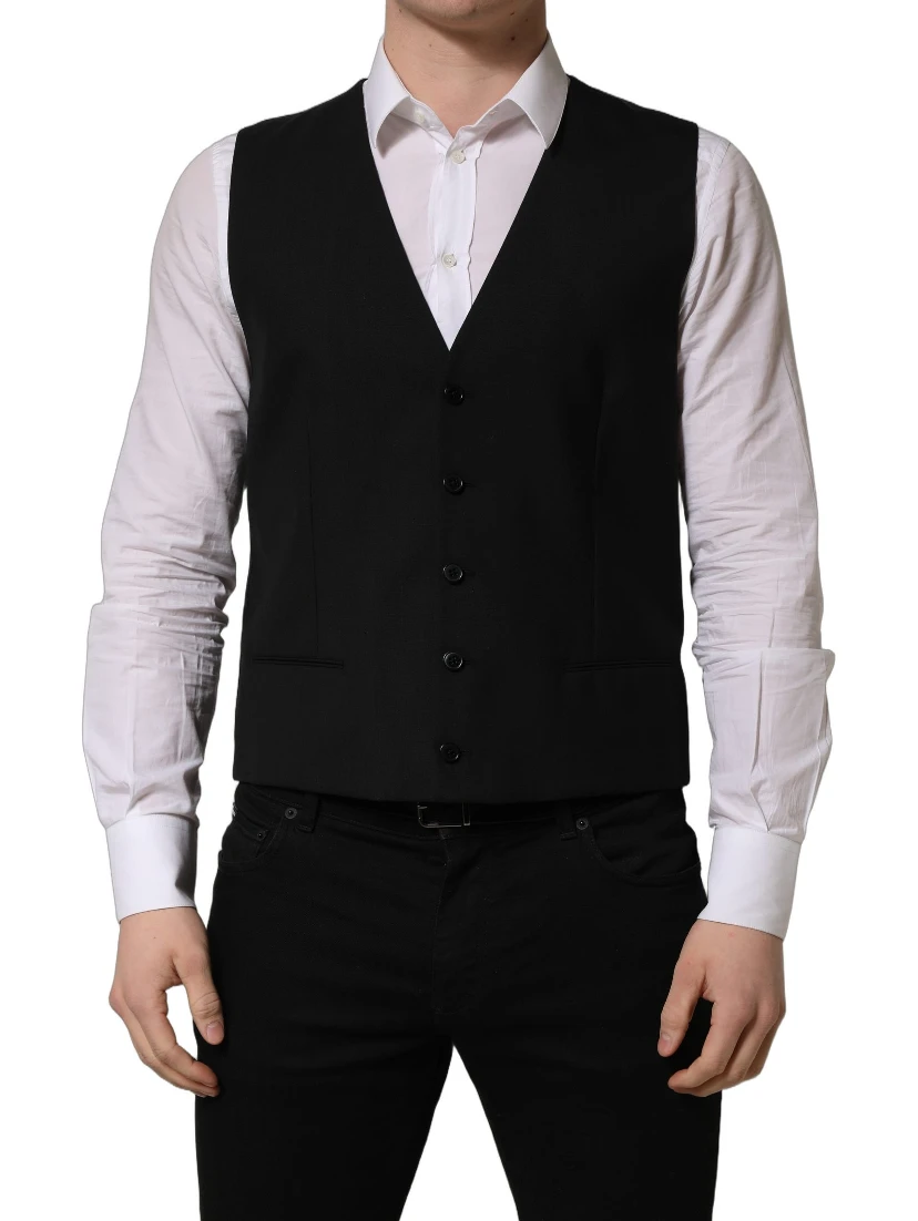 Black Wool Single Breasted Waistcoat Vest