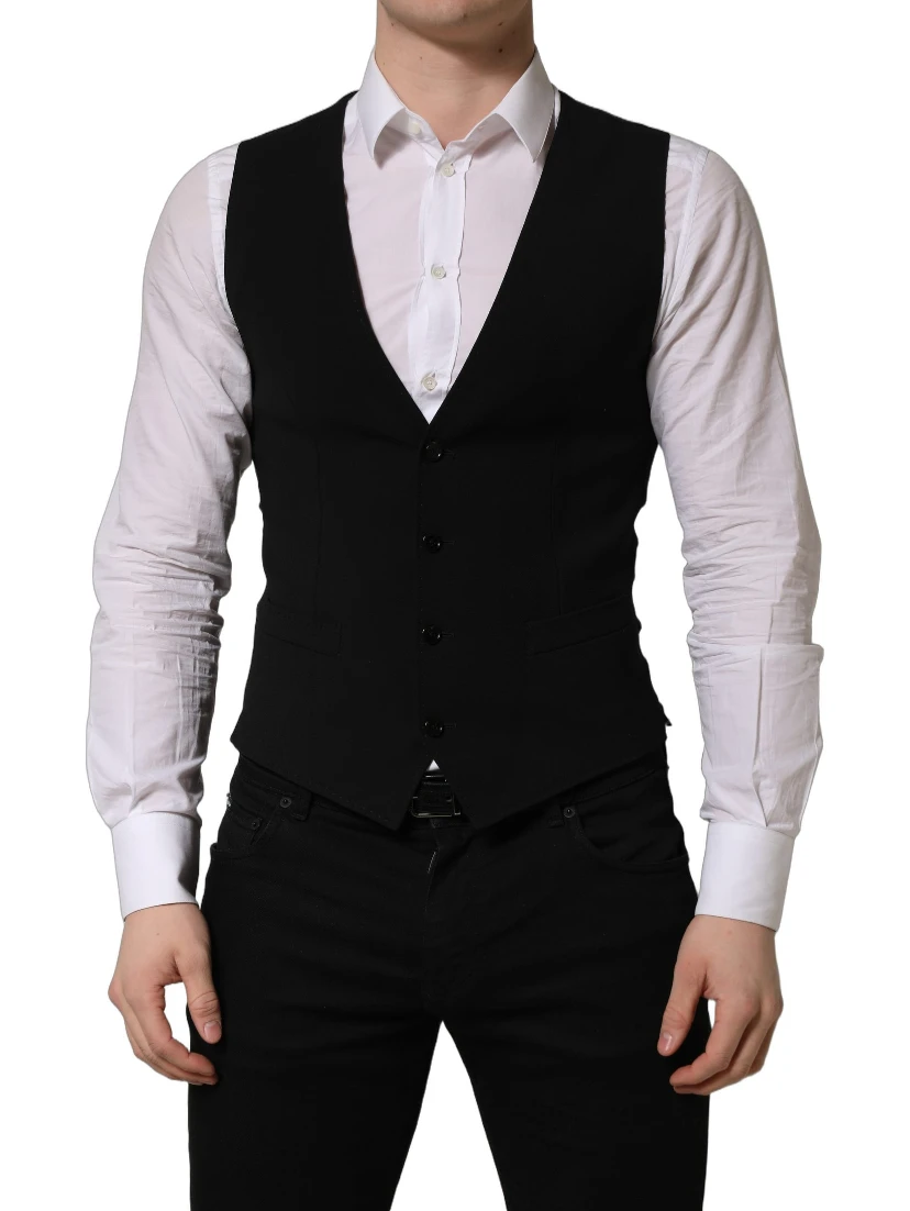 Black Wool Single Breasted Waistcoat Vest