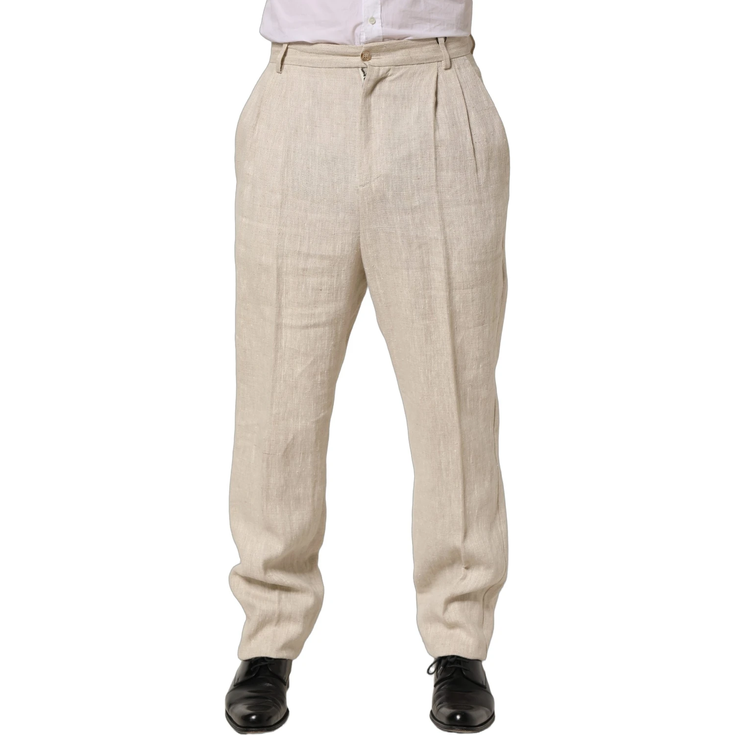 Beige Linen Tapered Men Dress Trouser Pants