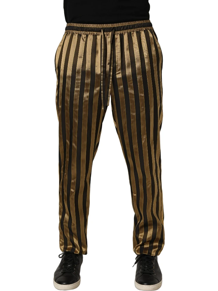 Gold Black Stripe Satin Tapered Leg Men Pants alternative