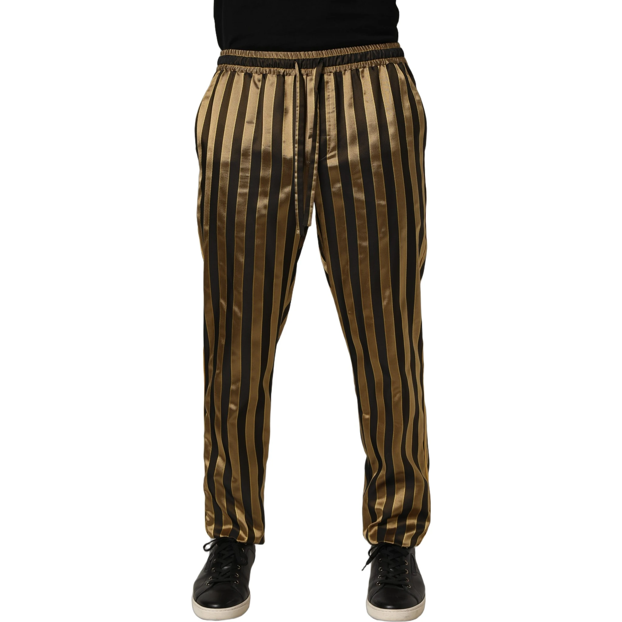 Gold Black Stripe Satin Tapered Leg Men Pants