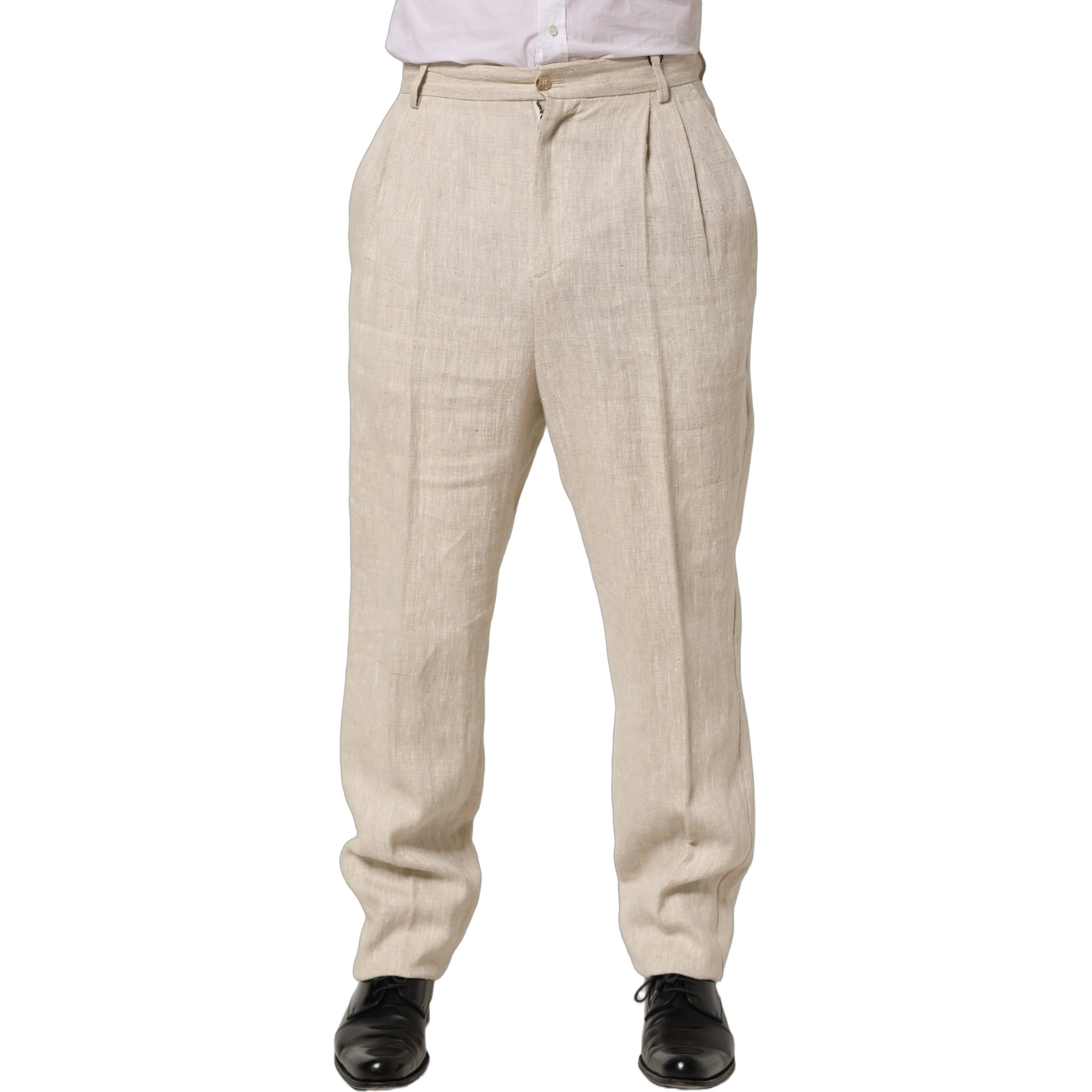 Beige Linen Tapered Men Dress Trouser Pants
