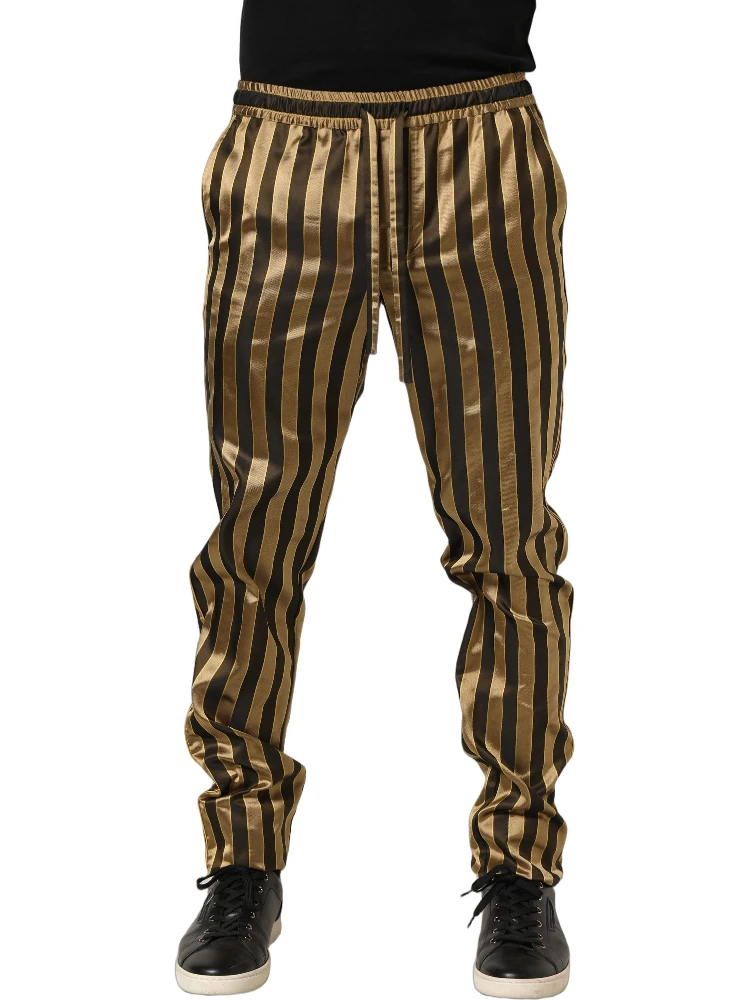 Gold Black Stripes Satin Tapered Leg Men Pants alternative