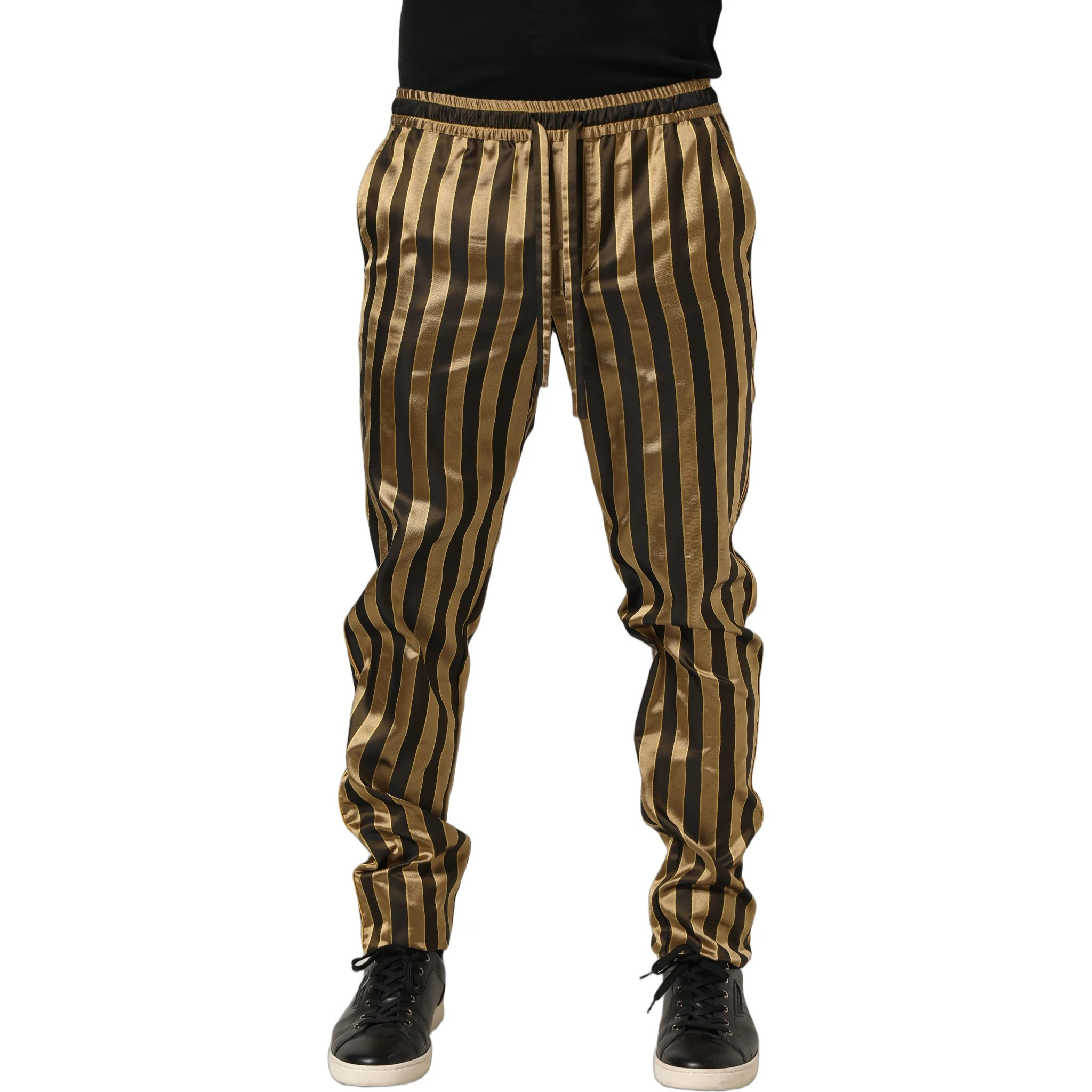 Gold Black Stripes Satin Tapered Leg Men Pants
