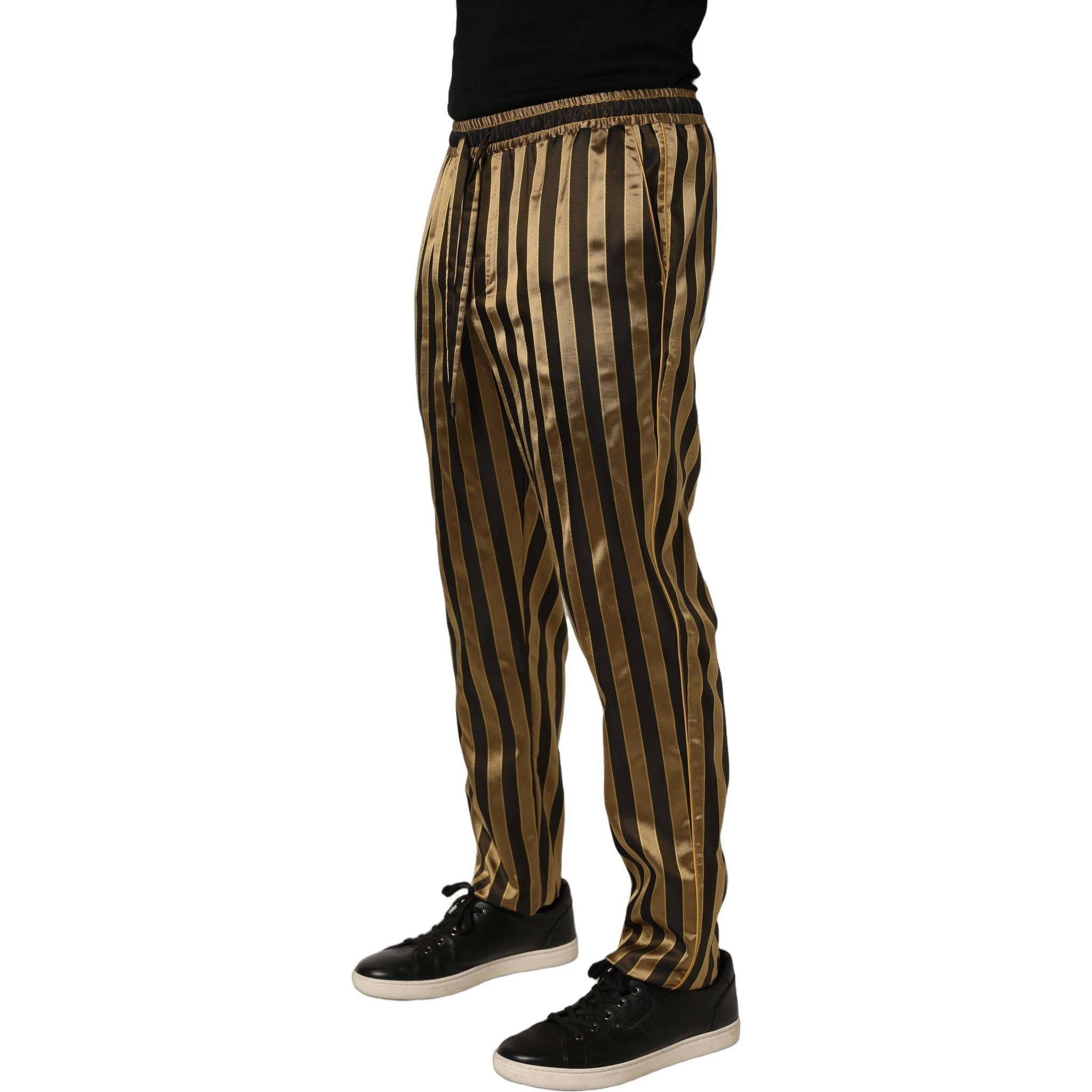 Gold Black Stripe Satin Tapered Leg Men Pants