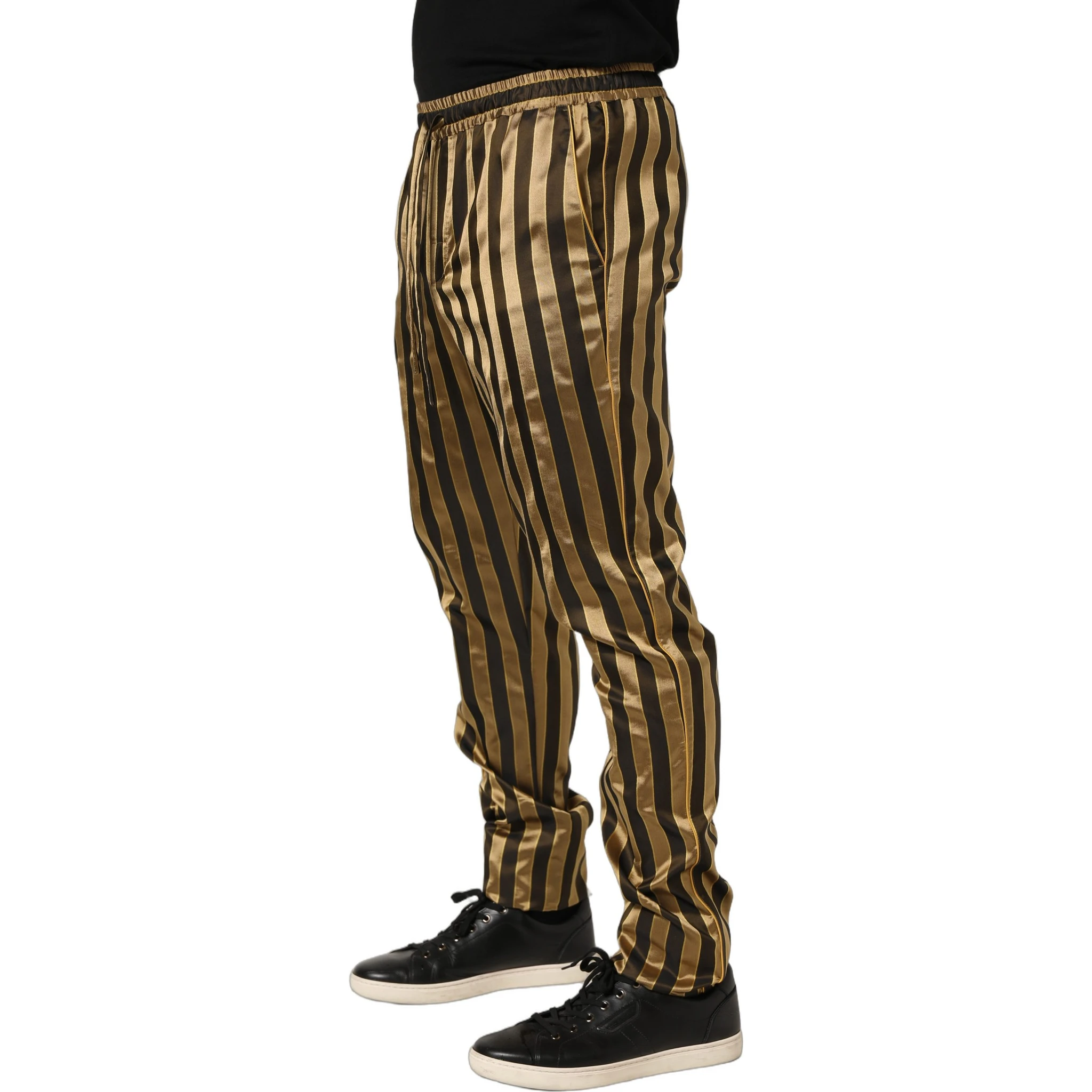 Gold Black Stripes Satin Tapered Leg Men Pants