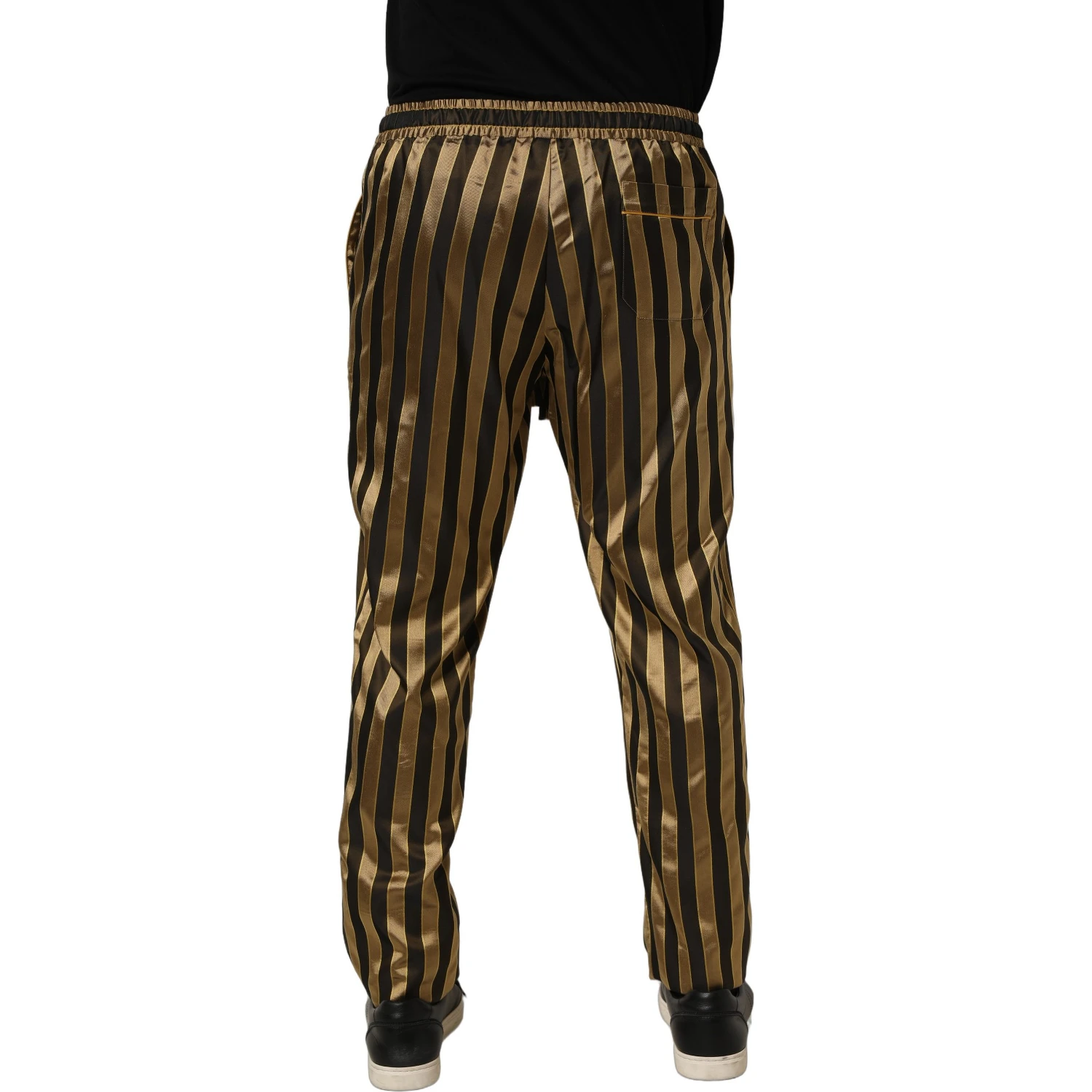 Gold Black Stripe Satin Tapered Leg Men Pants