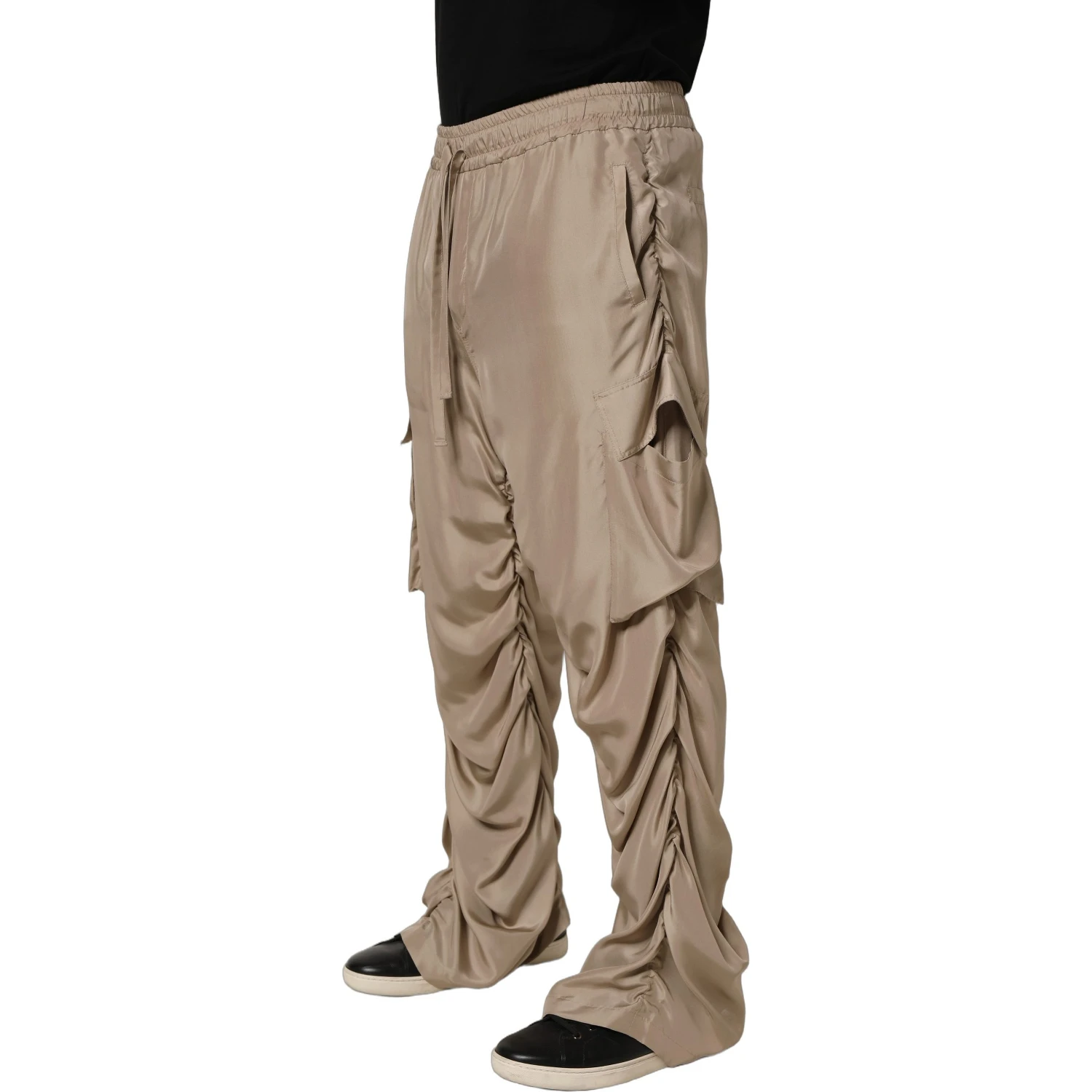 Brown Ruched Cargo Parachute Men Jogger Pants