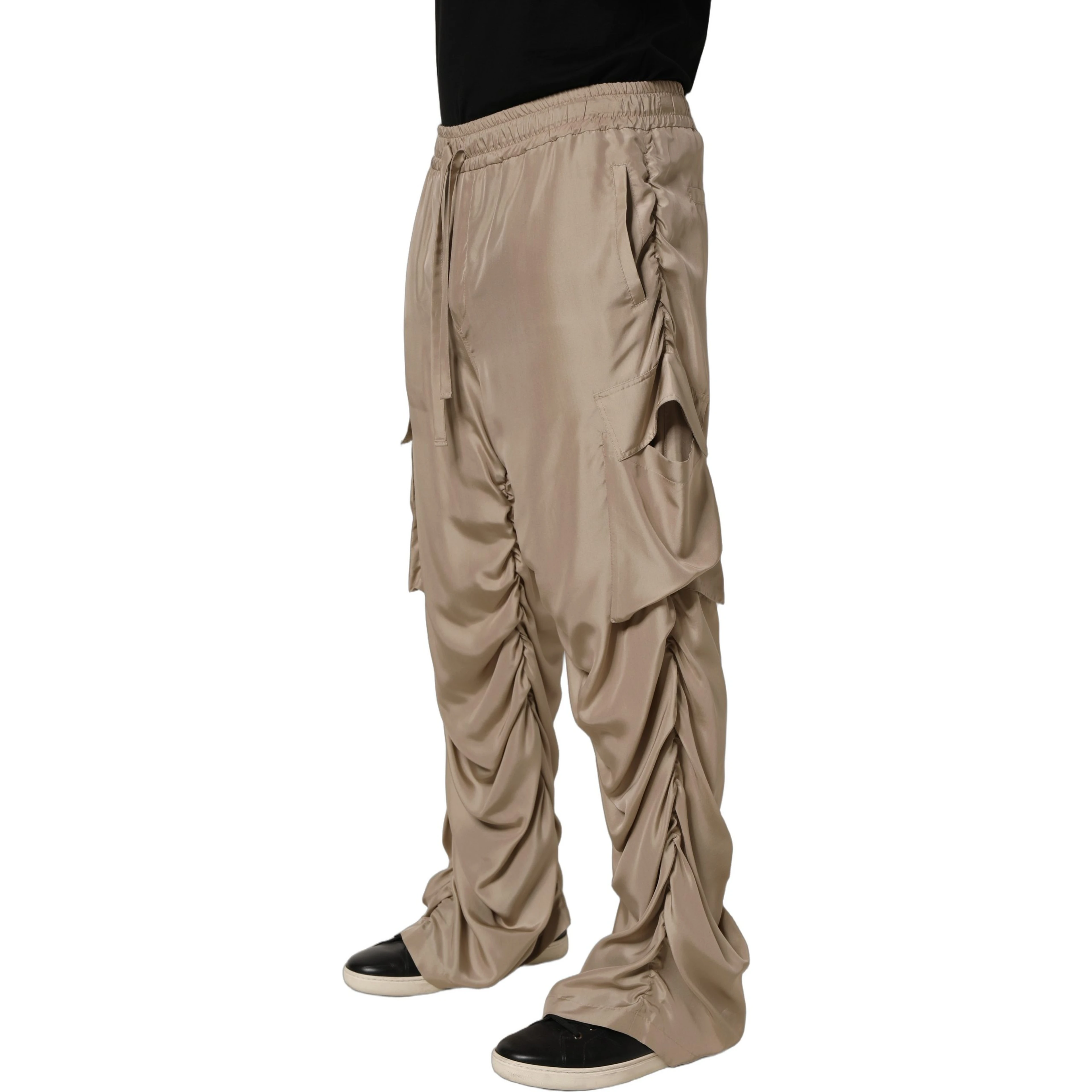 Brown Ruched Cargo Parachute Men Jogger Pants