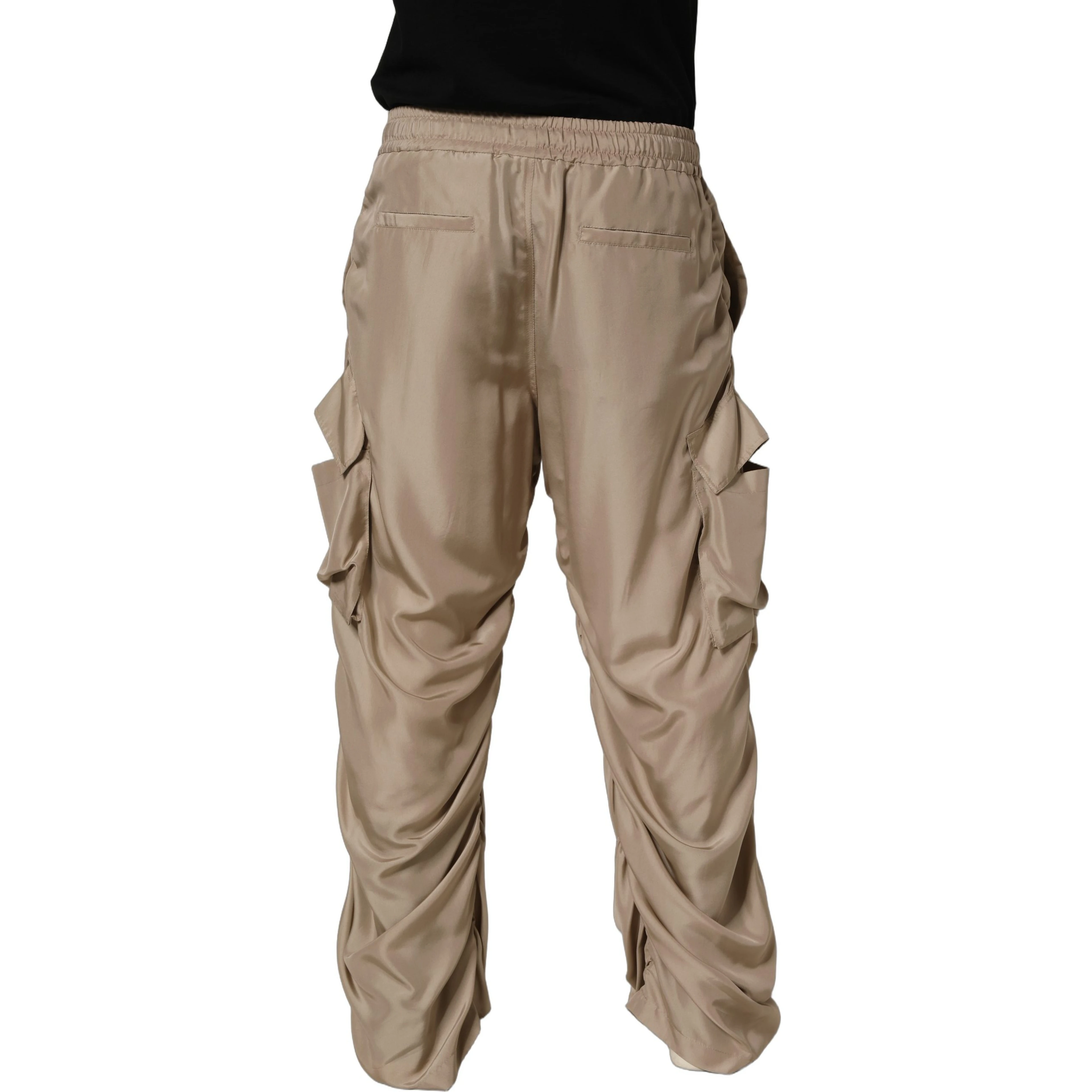 Brown Ruched Cargo Parachute Men Jogger Pants