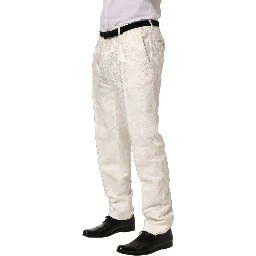 White Floral Men Dress Formal Trouser Pants