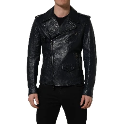 Black Leather Men Biker Coat Goatskin Jacket