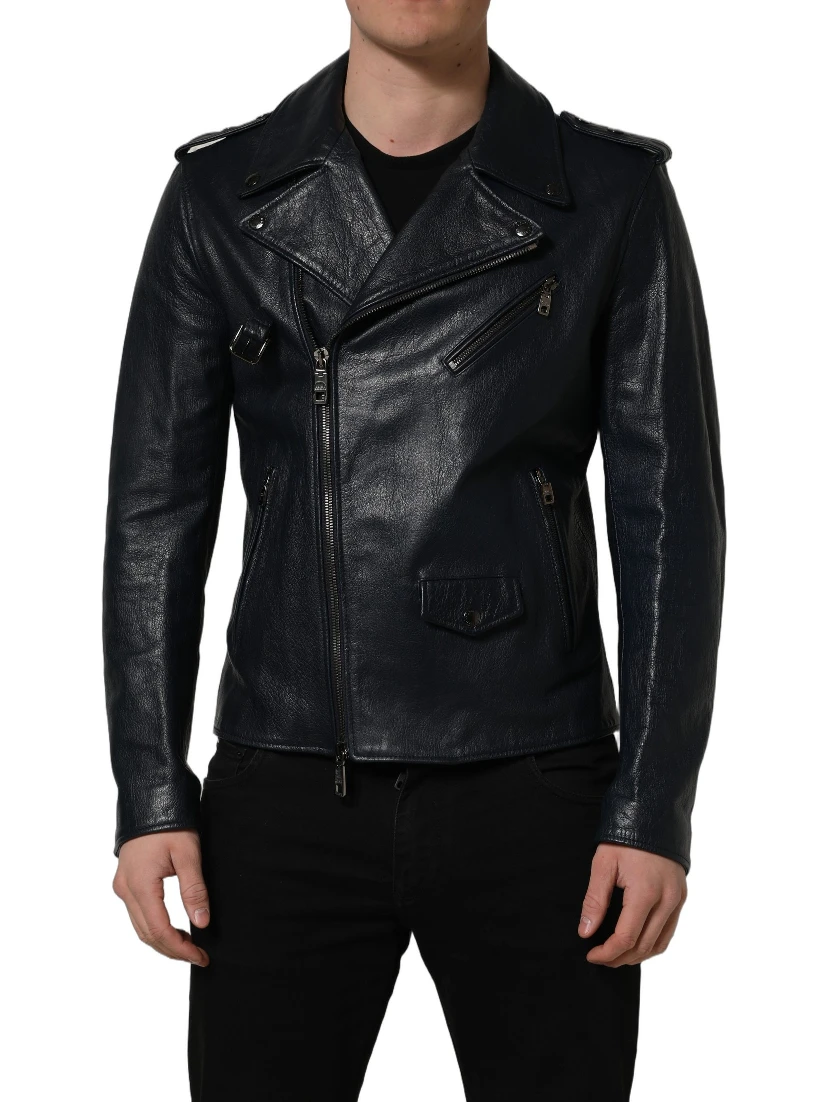 Black Leather Men Biker Coat Goatskin Jacket