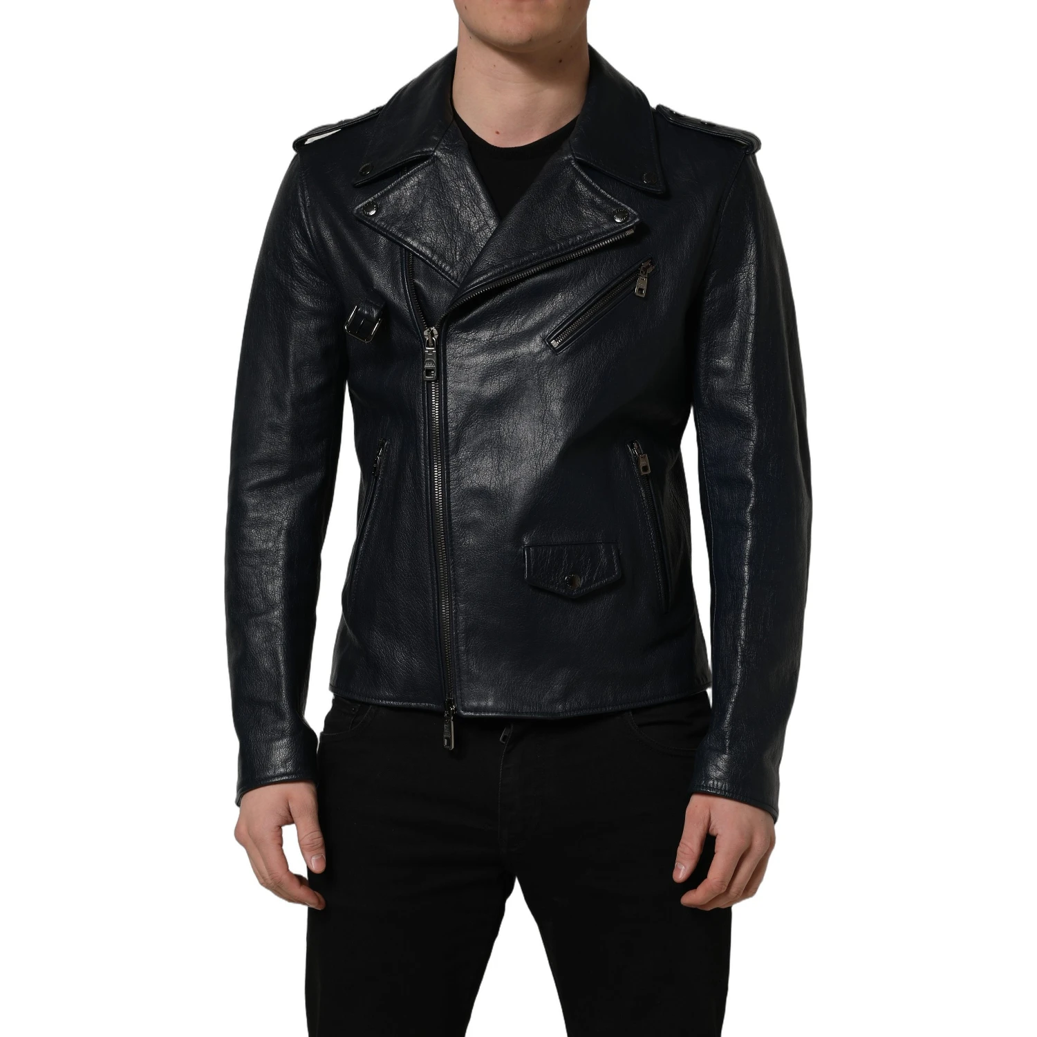 Black Leather Men Biker Coat Goatskin Jacket