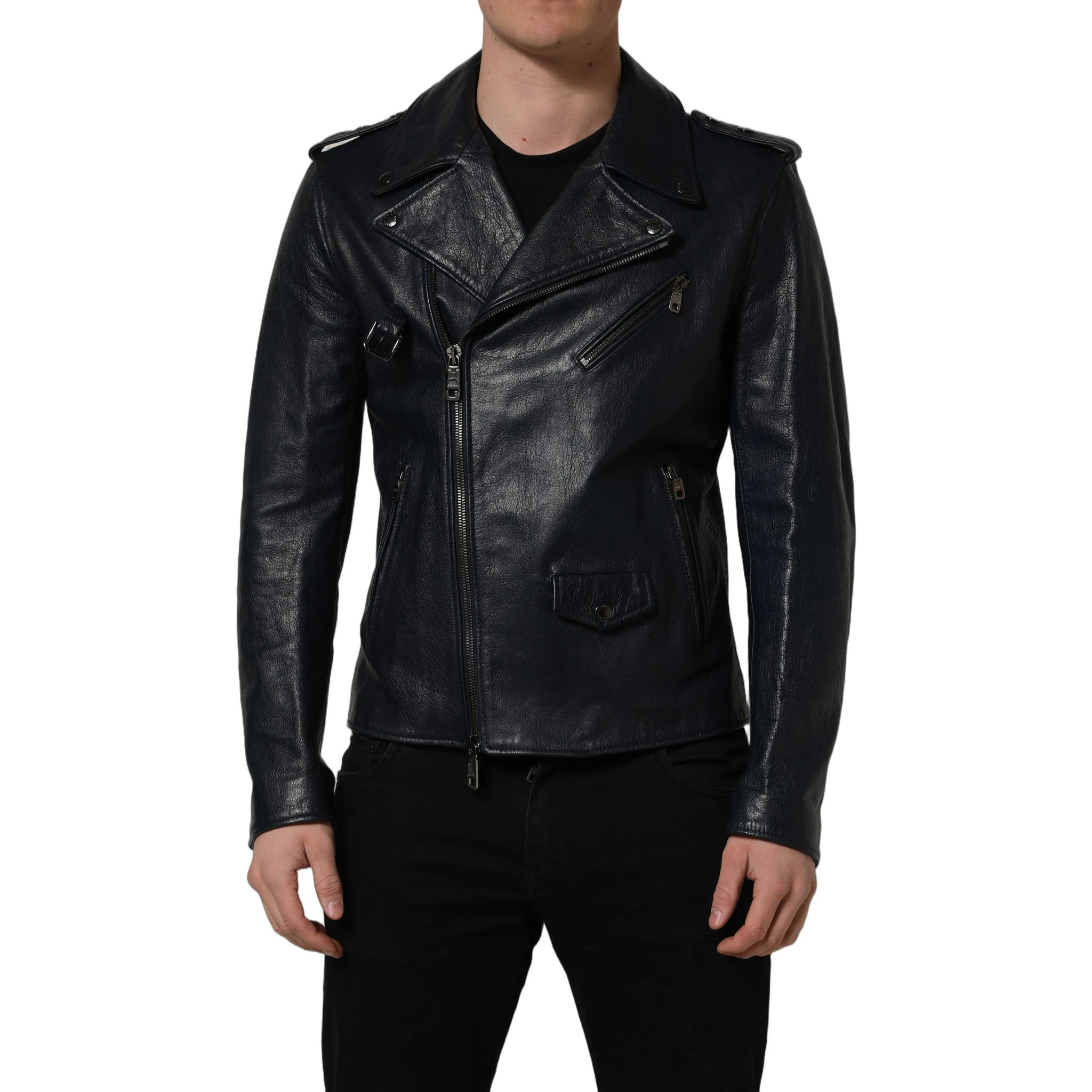 Black Leather Men Biker Coat Goatskin Jacket