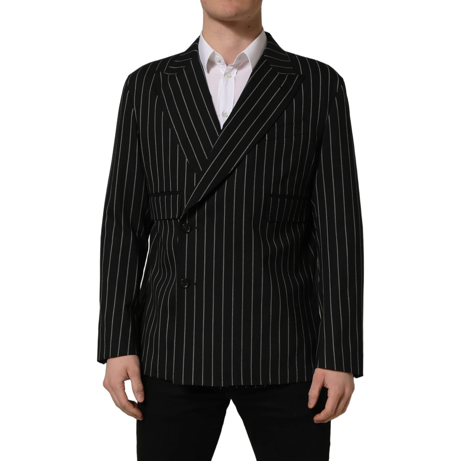 Black Stripes Wool Double Breasted Jacket