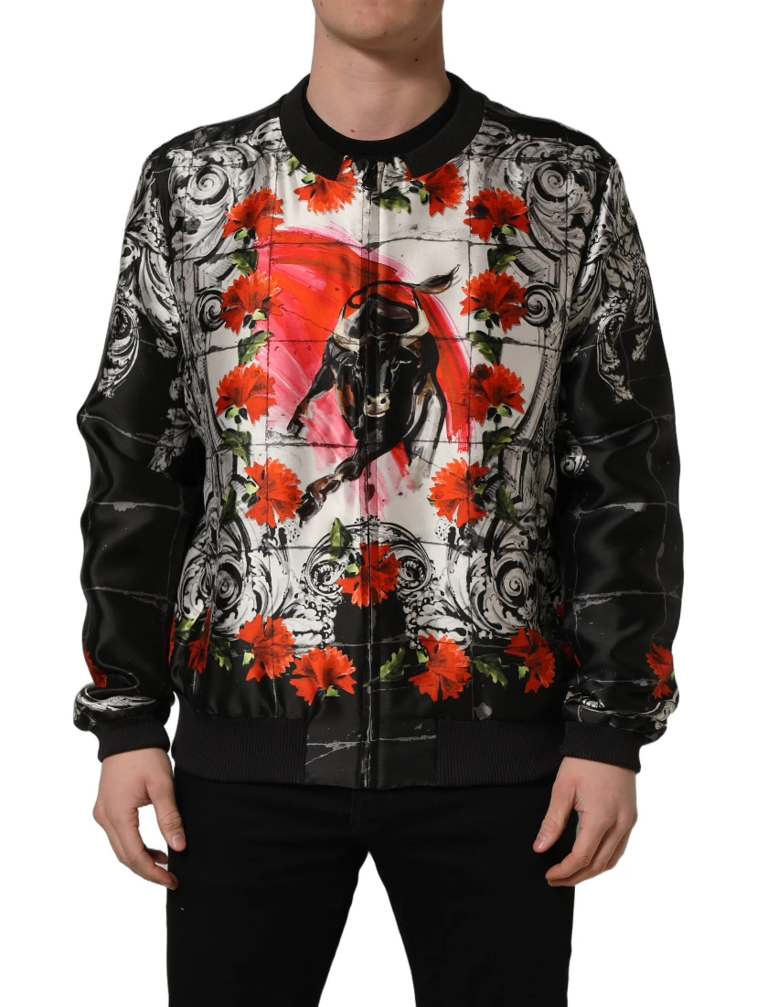 Multicolor Majolica Bull Print Bomber Jacket