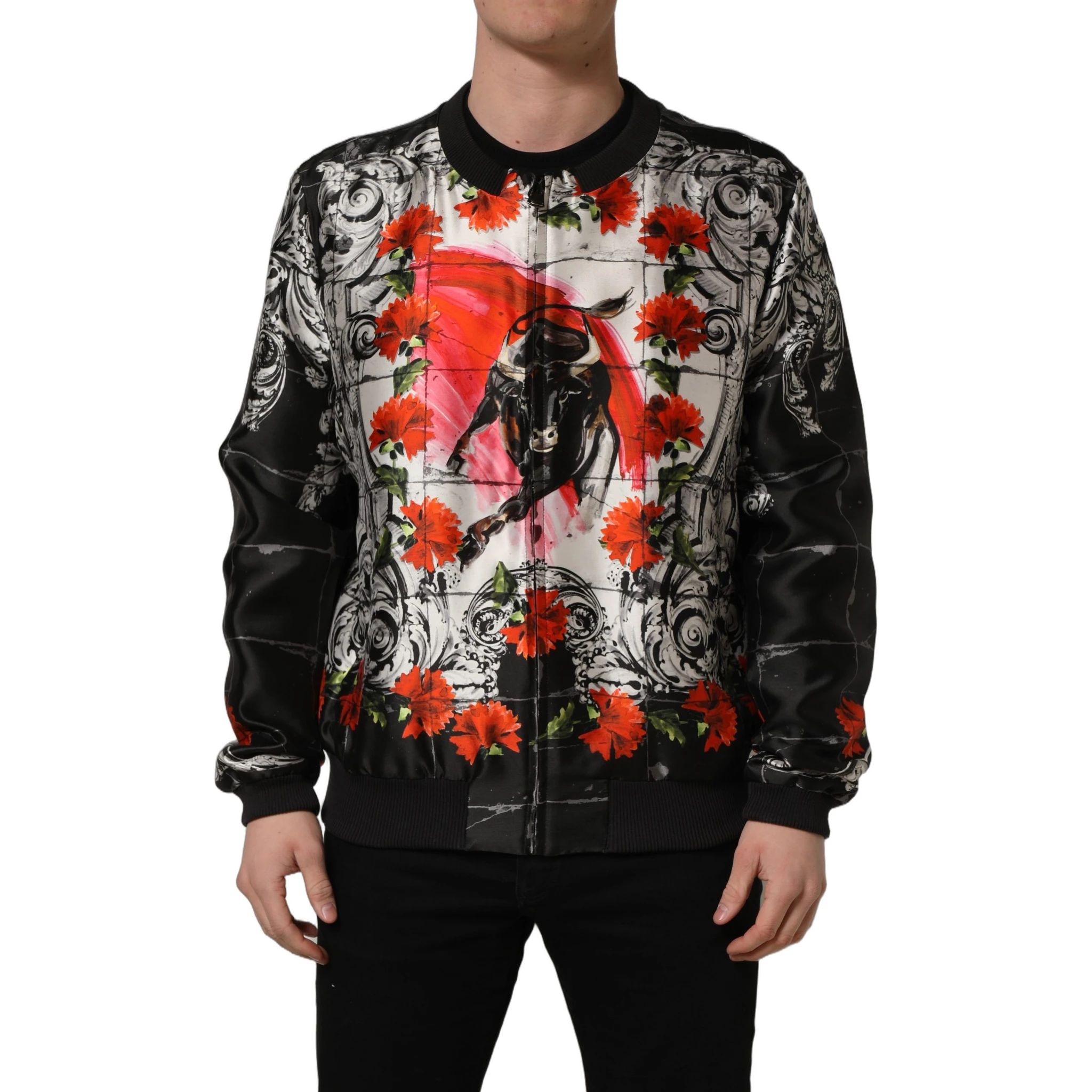 Multicolor Majolica Bull Print Bomber Jacket