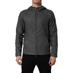 Gray Cotton Men Hooded Full Zip Bomber Jacket