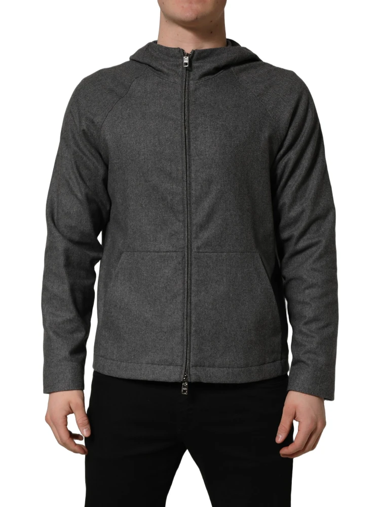 Gray Cotton Men Hooded Full Zip Bomber Jacket