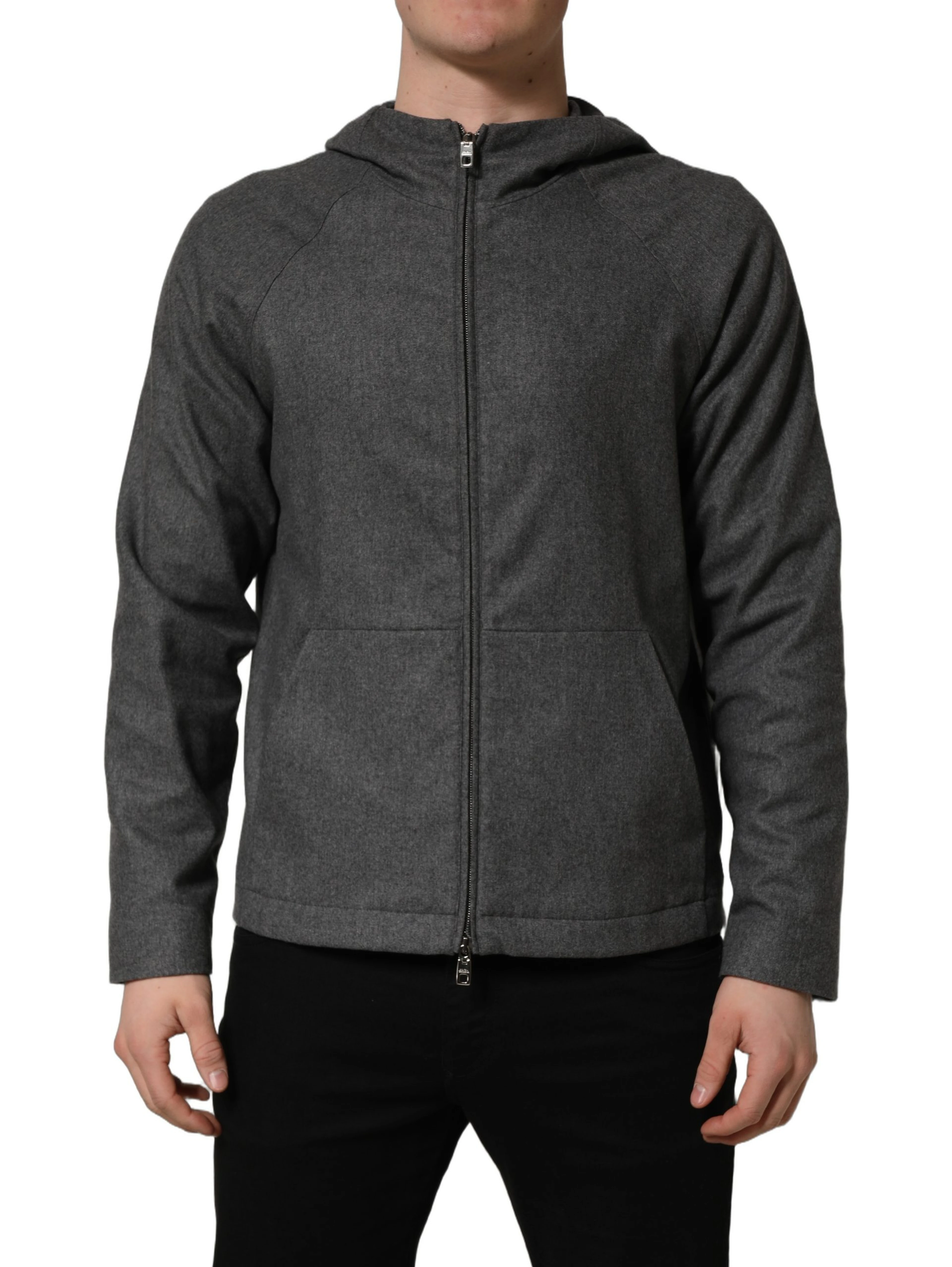 Gray Cotton Men Hooded Full Zip Bomber Jacket