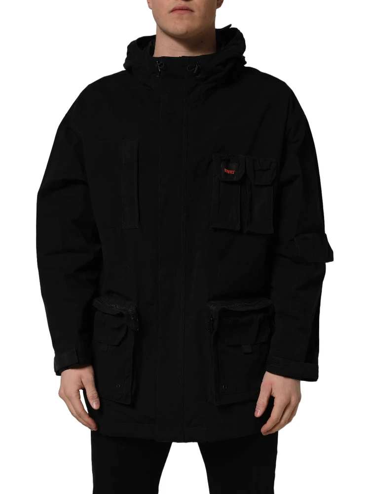 Black Nylon Men Hooded Windbreaker Jacket