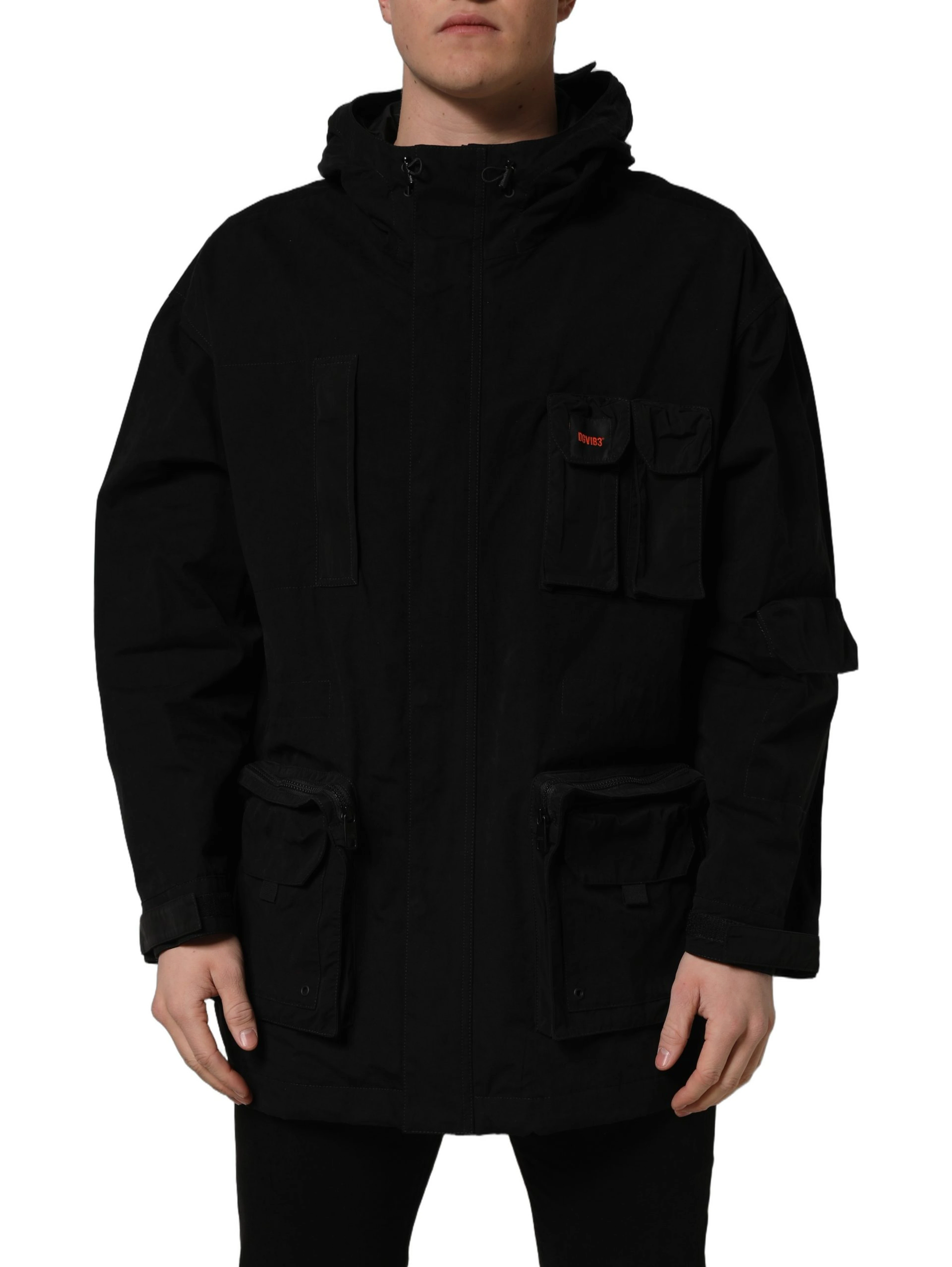 Black Nylon Men Hooded Windbreaker Jacket