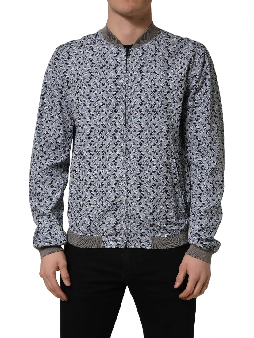 Light Blue Cotton Car Print Bomber Jacket