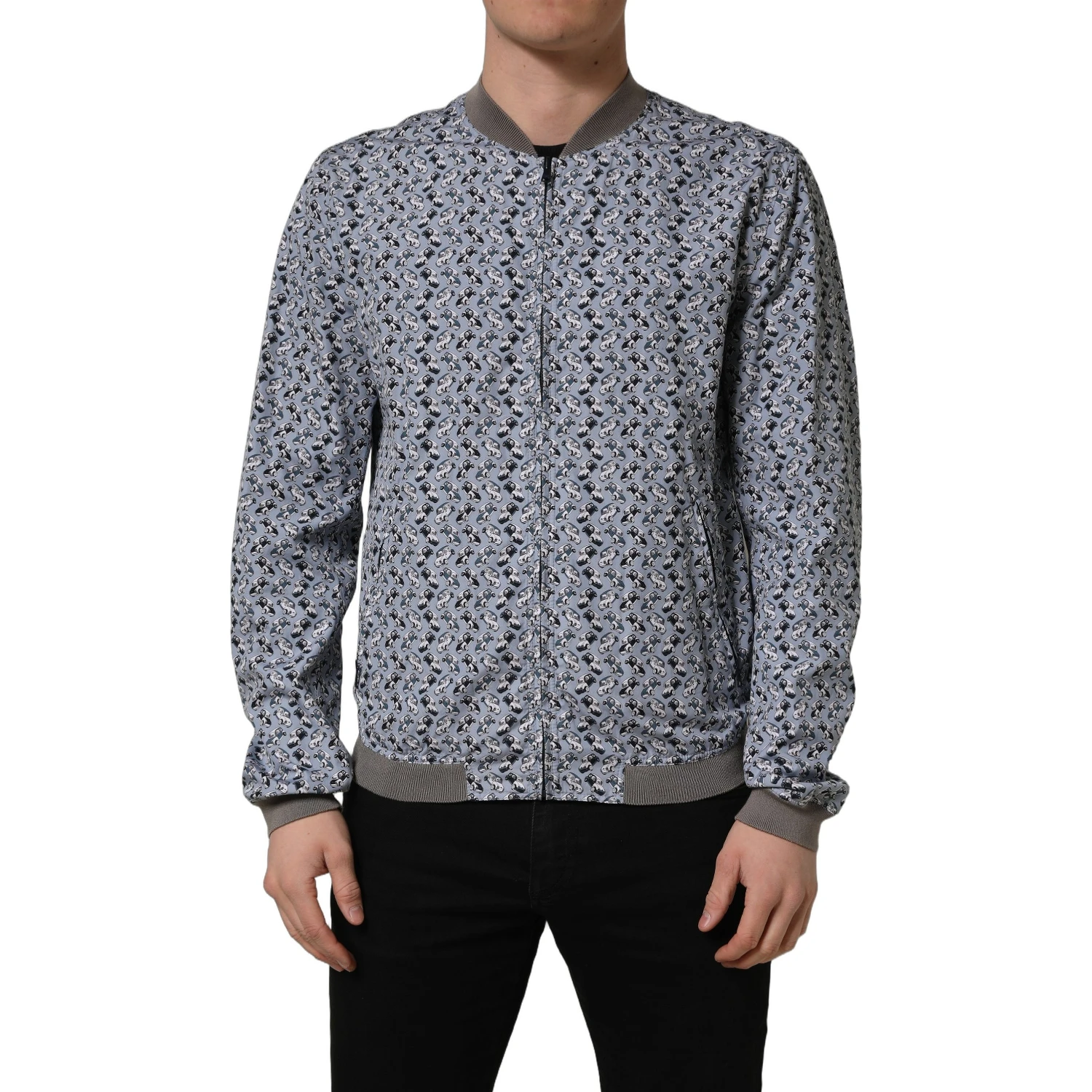 Light Blue Cotton Car Print Bomber Jacket