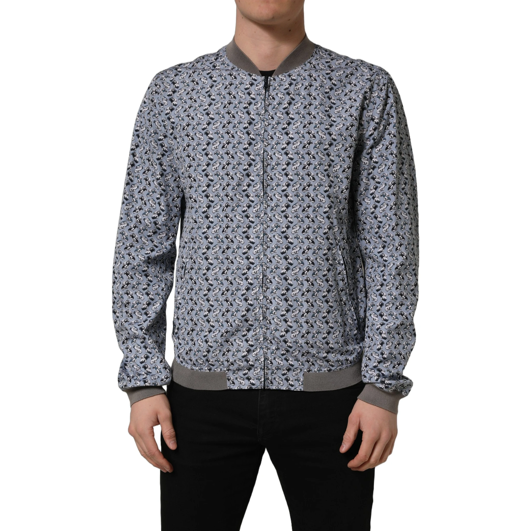 Light Blue Cotton Car Print Bomber Jacket
