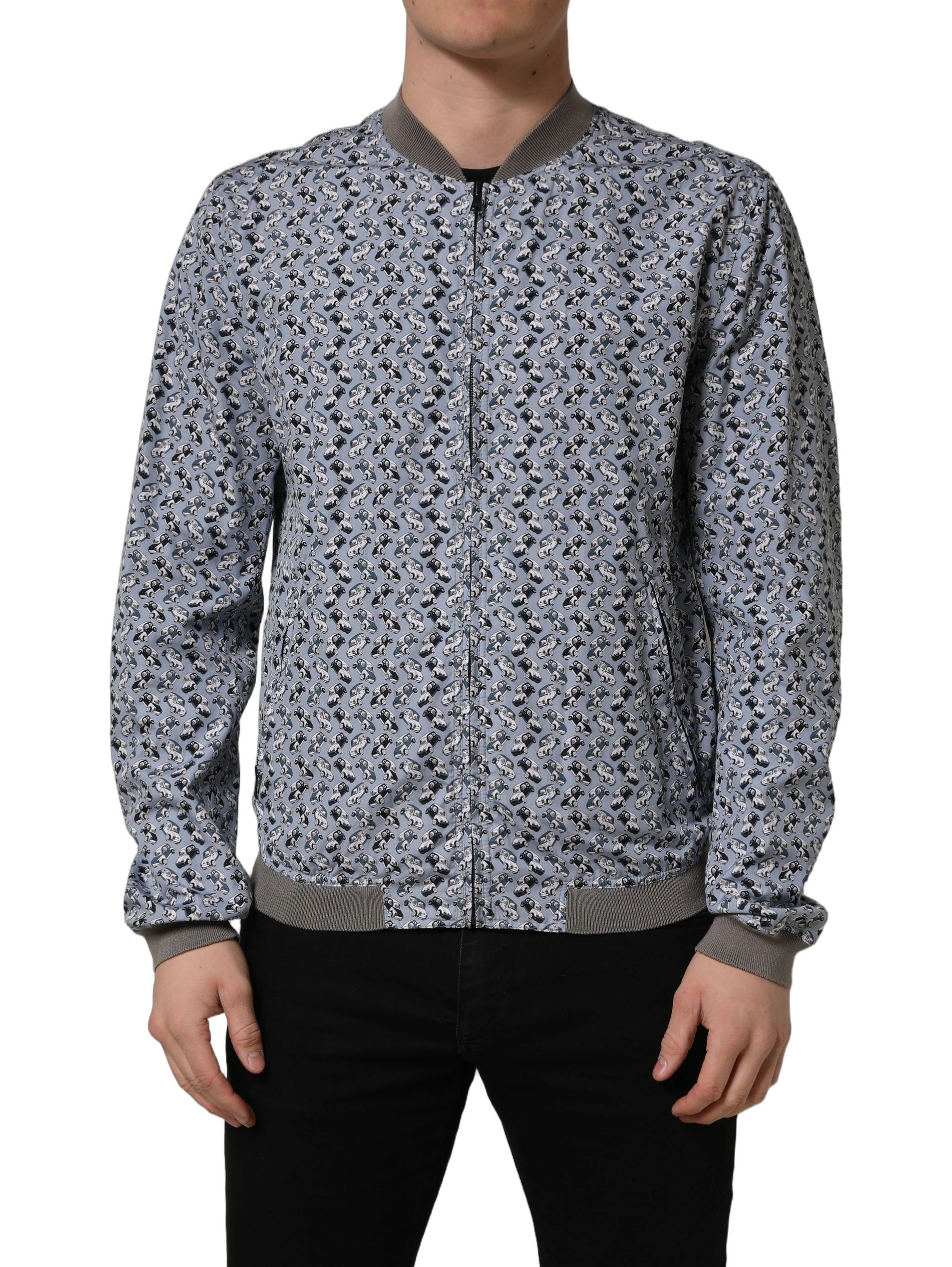 Light Blue Cotton Car Print Bomber Jacket