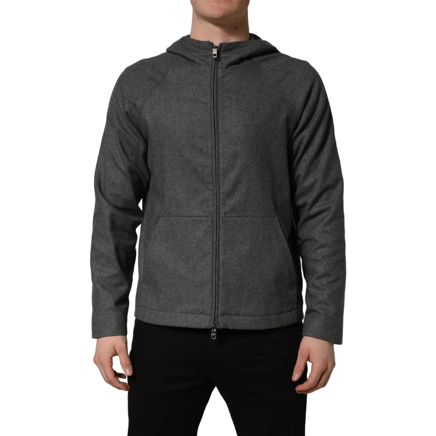 Gray Cotton Men Hooded Full Zip Bomber Jacket