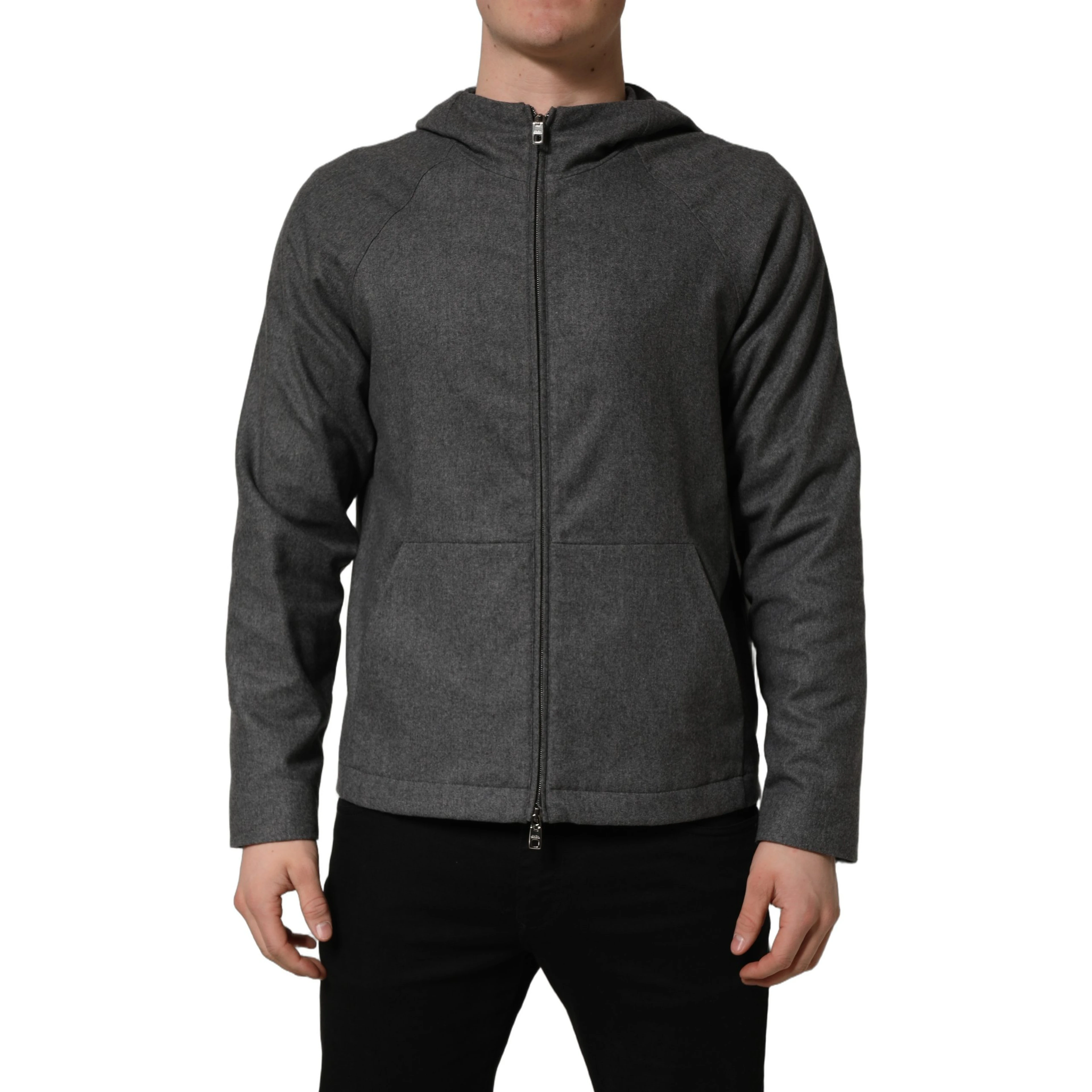 Gray Cotton Men Hooded Full Zip Bomber Jacket