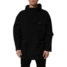 Black Nylon Men Hooded Windbreaker Jacket