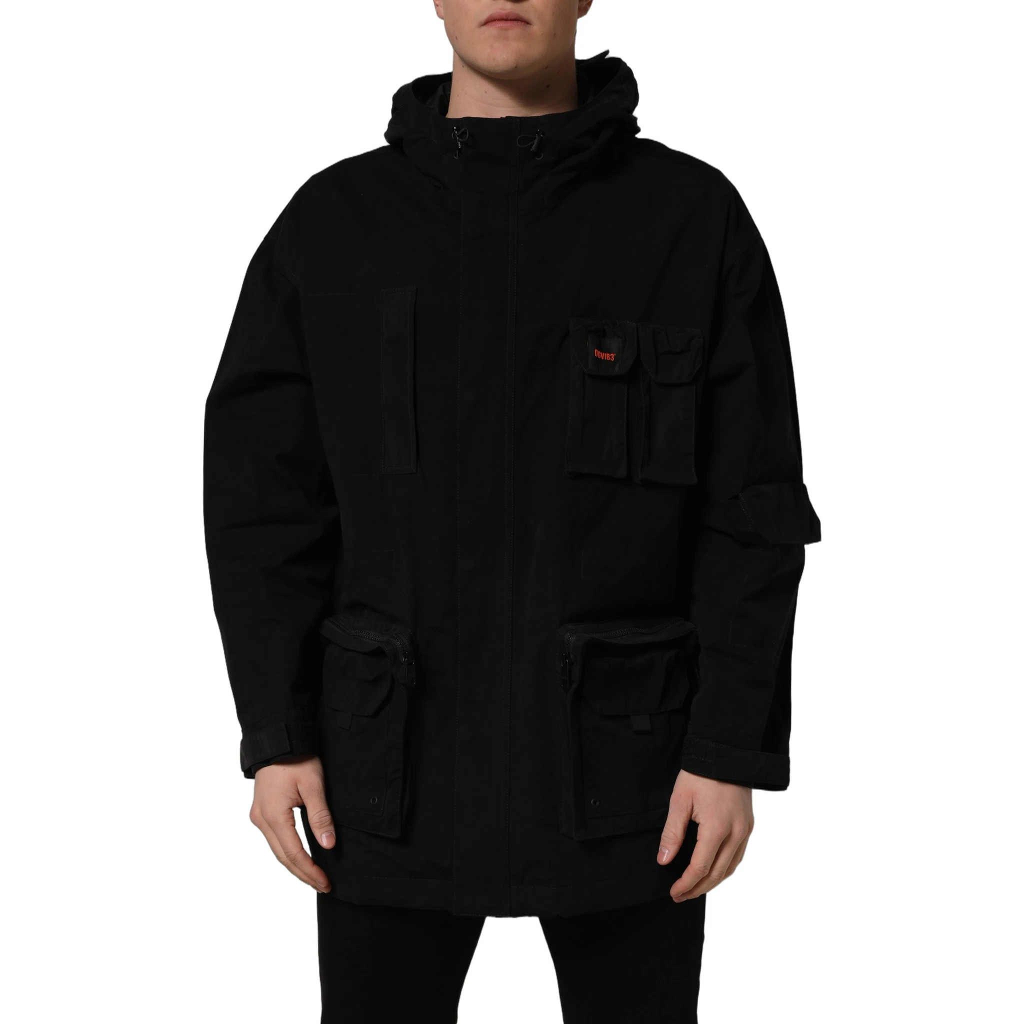 Black Nylon Men Hooded Windbreaker Jacket