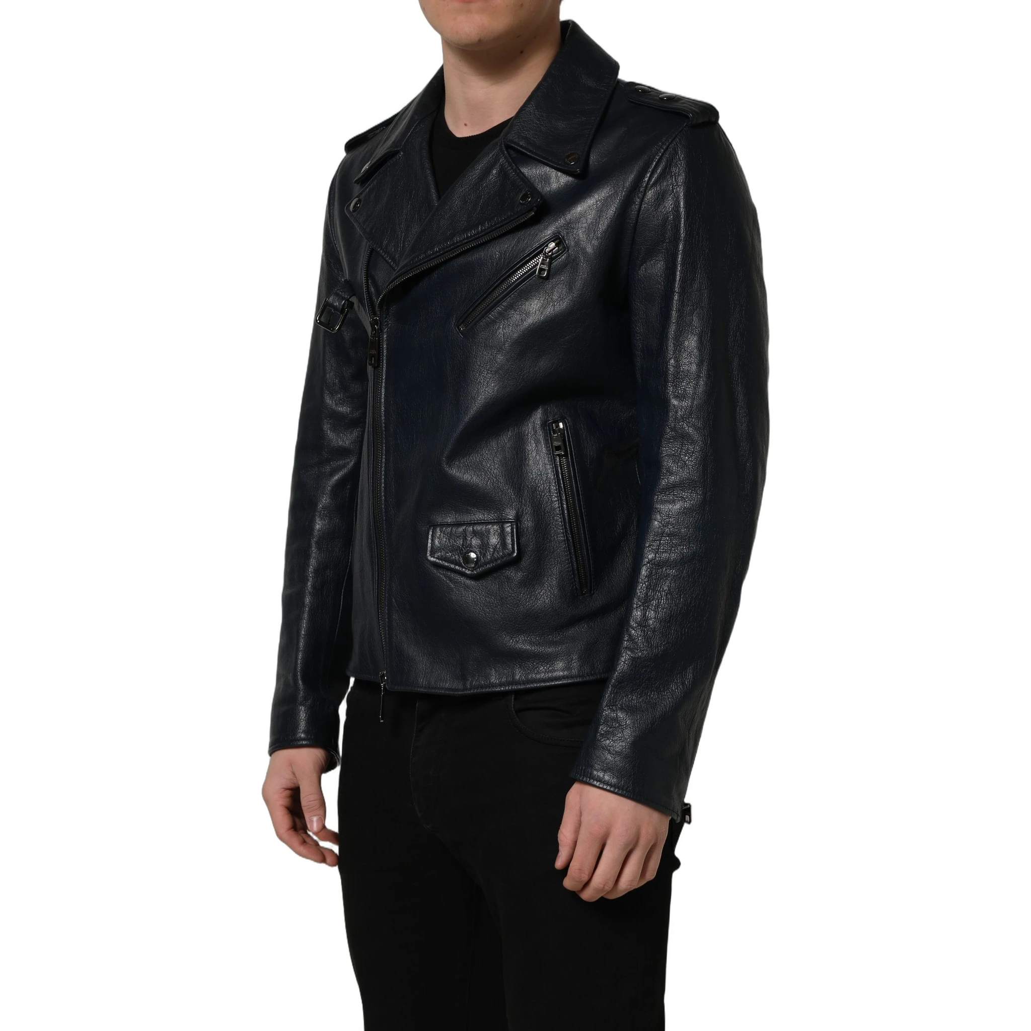 Black Leather Men Biker Coat Goatskin Jacket