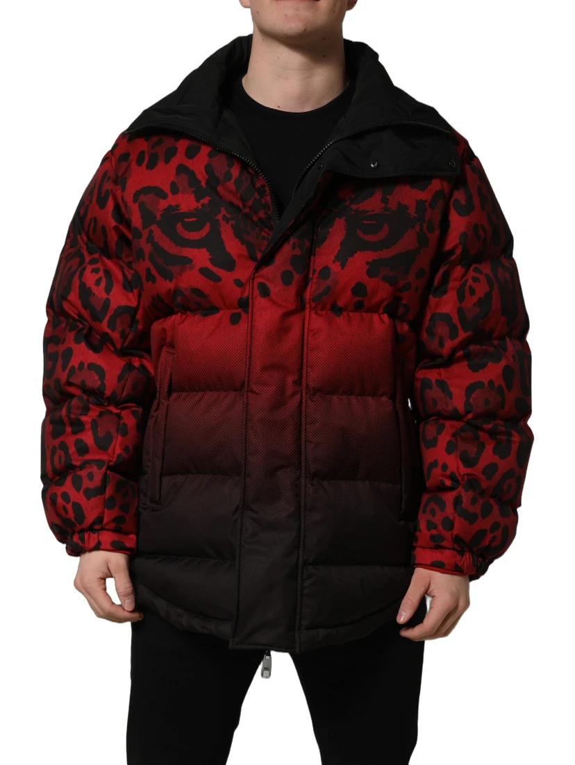 Red Black Reversible Animal Print Puffer Coat Jacket